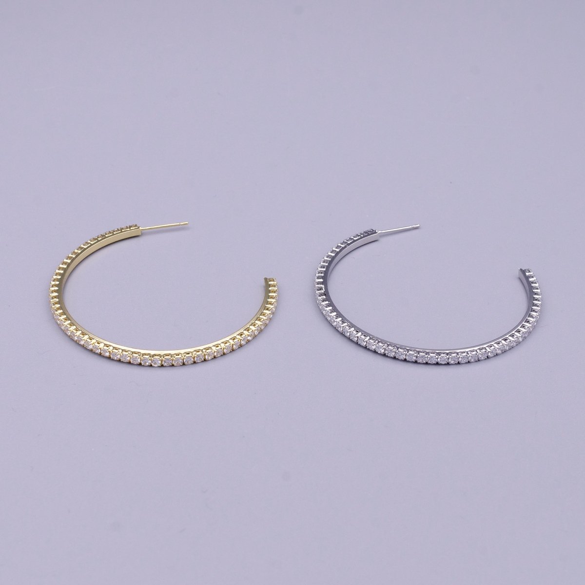 16K Gold Filled Clear CZ Lined C-Shaped Hoop Earrings in Gold & Silver | AE039 AE040