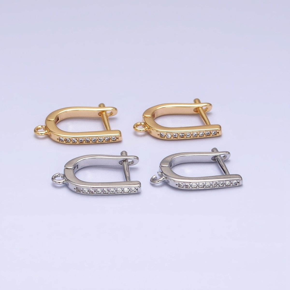16K Gold Filled Clear CZ Lined Open Loop English Lock Earrings Supply in Gold & Silver | Z-223 Z-224