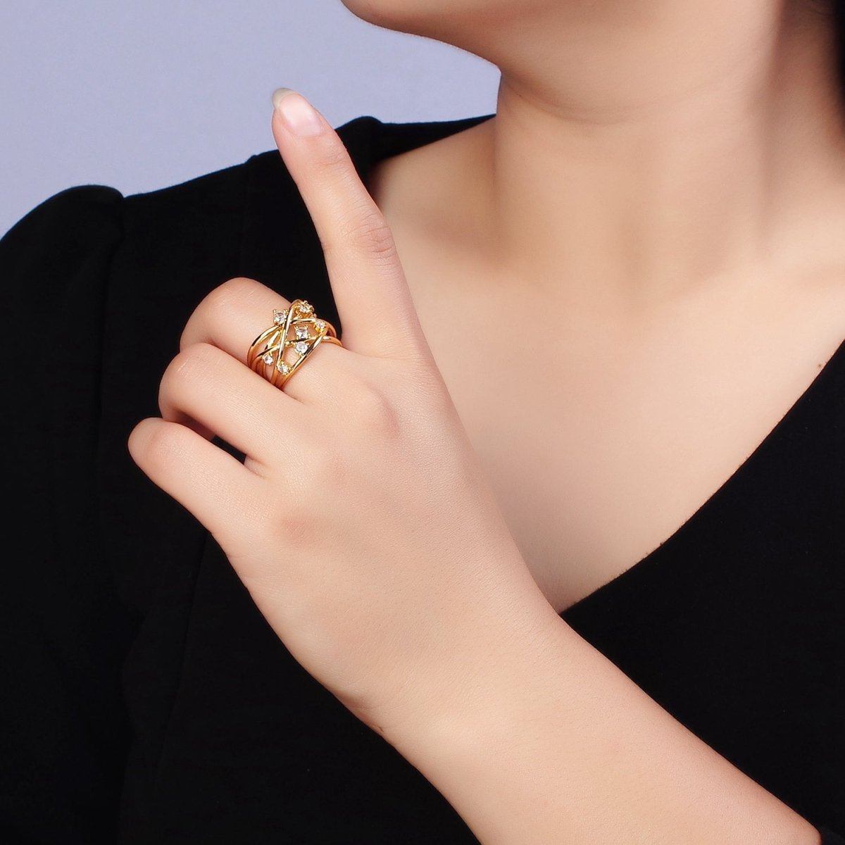 16K Gold Filled Clear CZ Multiple Band Intertwined Statement Ring | O-558 - DLUXCA