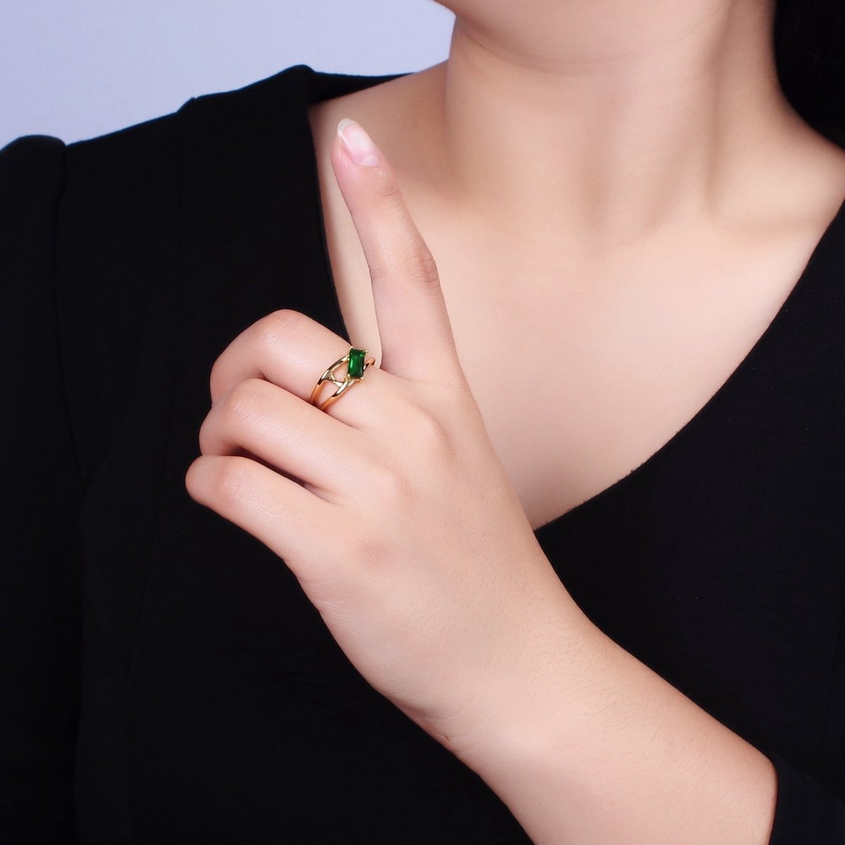 16K Gold Filled Clear, Green Baguette Molten Double Band Ring in Gold & Silver | O-1621 O-1622 O-1623 O-1624