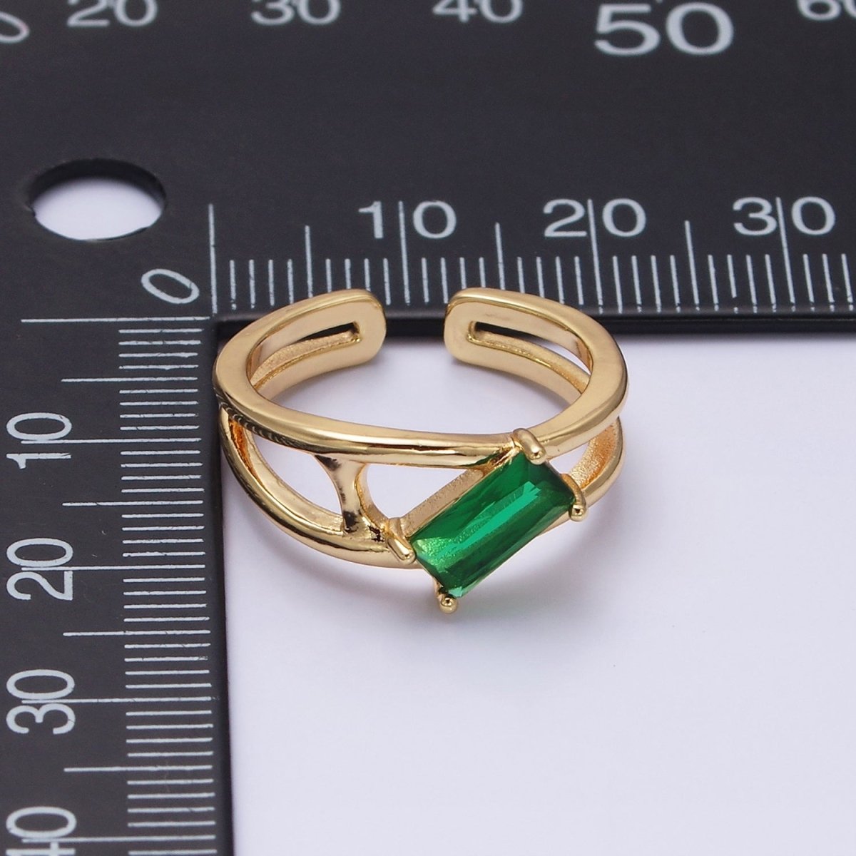 16K Gold Filled Clear, Green Baguette Molten Double Band Ring in Gold & Silver | O-1621 O-1622 O-1623 O-1624