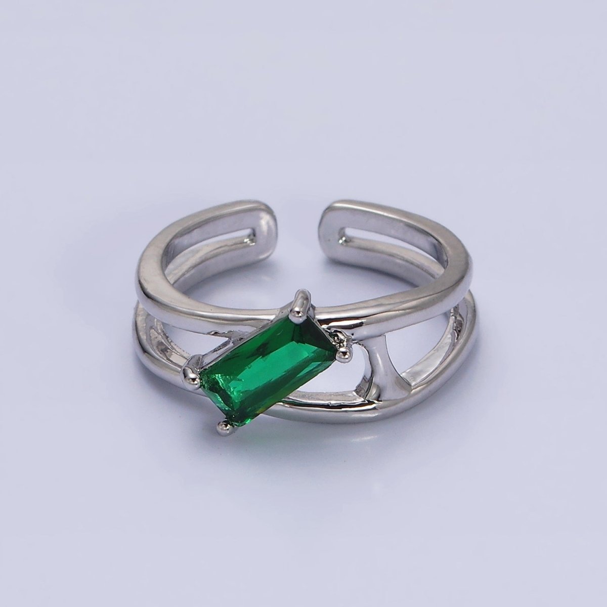 16K Gold Filled Clear, Green Baguette Molten Double Band Ring in Gold & Silver | O-1621 O-1622 O-1623 O-1624