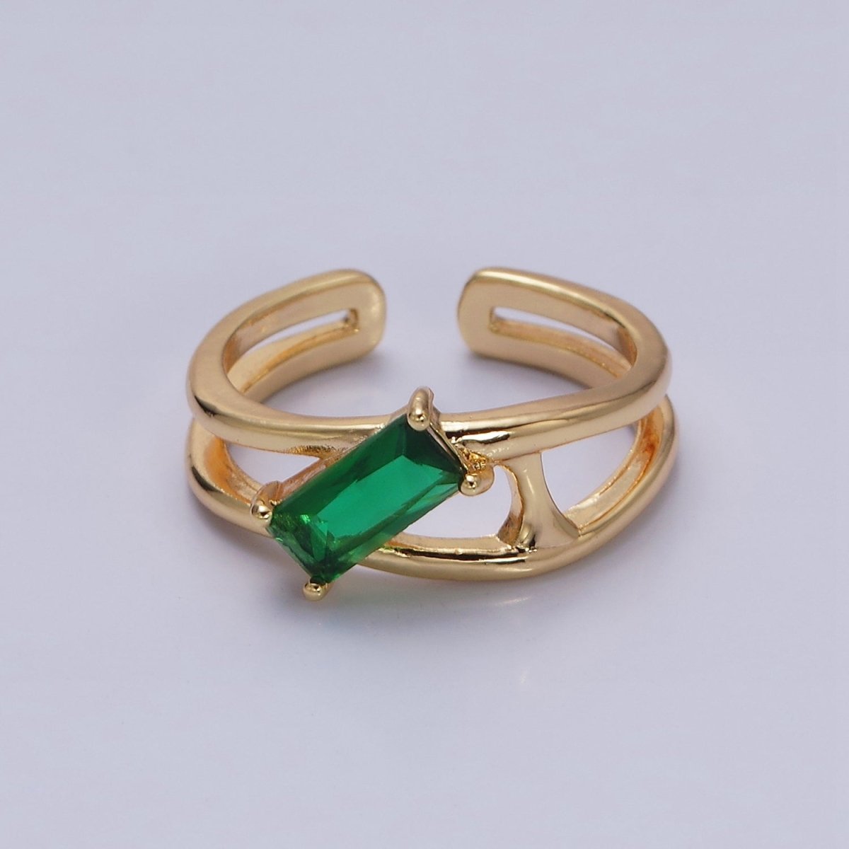 16K Gold Filled Clear, Green Baguette Molten Double Band Ring in Gold & Silver | O-1621 O-1622 O-1623 O-1624