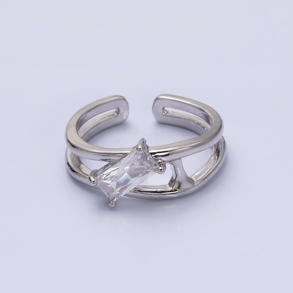 16K Gold Filled Clear, Green Baguette Molten Double Band Ring in Gold & Silver | O-1621 O-1622 O-1623 O-1624