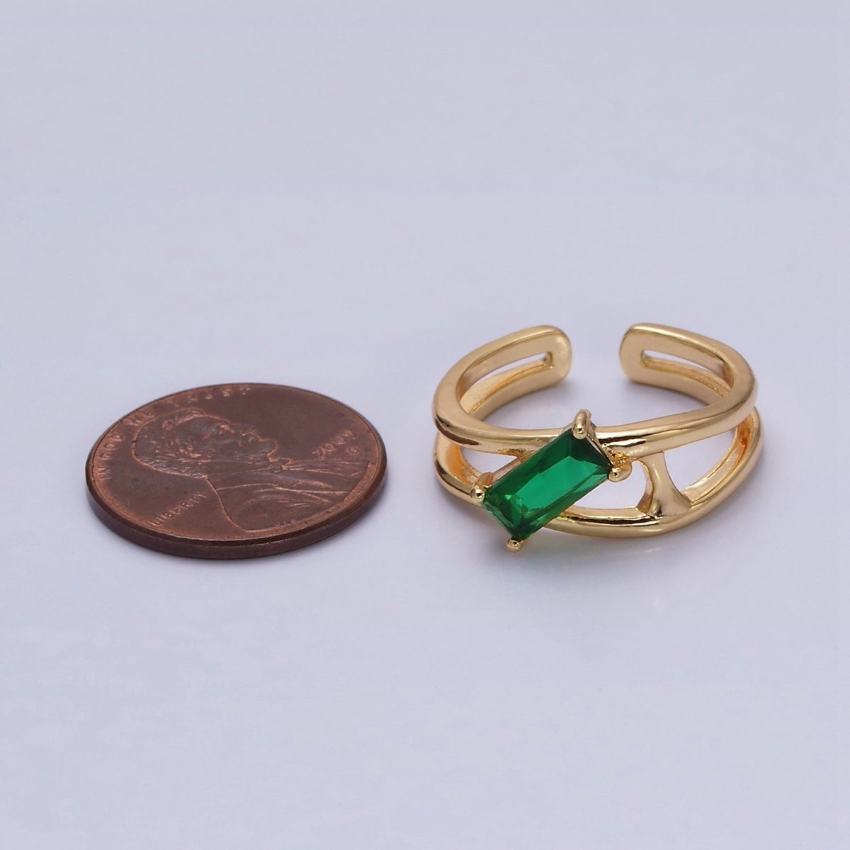 16K Gold Filled Clear, Green Baguette Molten Double Band Ring in Gold & Silver | O-1621 O-1622 O-1623 O-1624