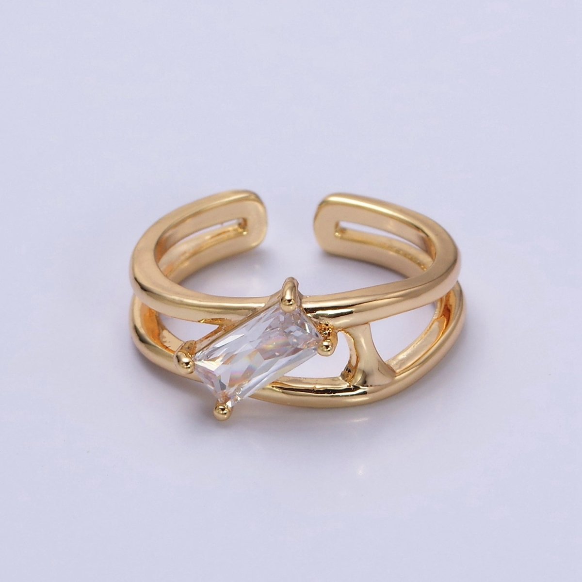 16K Gold Filled Clear, Green Baguette Molten Double Band Ring in Gold & Silver | O-1621 O-1622 O-1623 O-1624