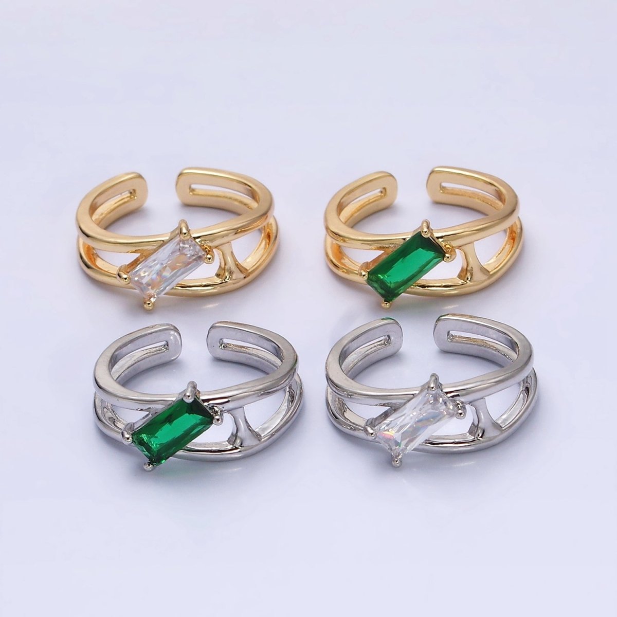 16K Gold Filled Clear, Green Baguette Molten Double Band Ring in Gold & Silver | O-1621 O-1622 O-1623 O-1624