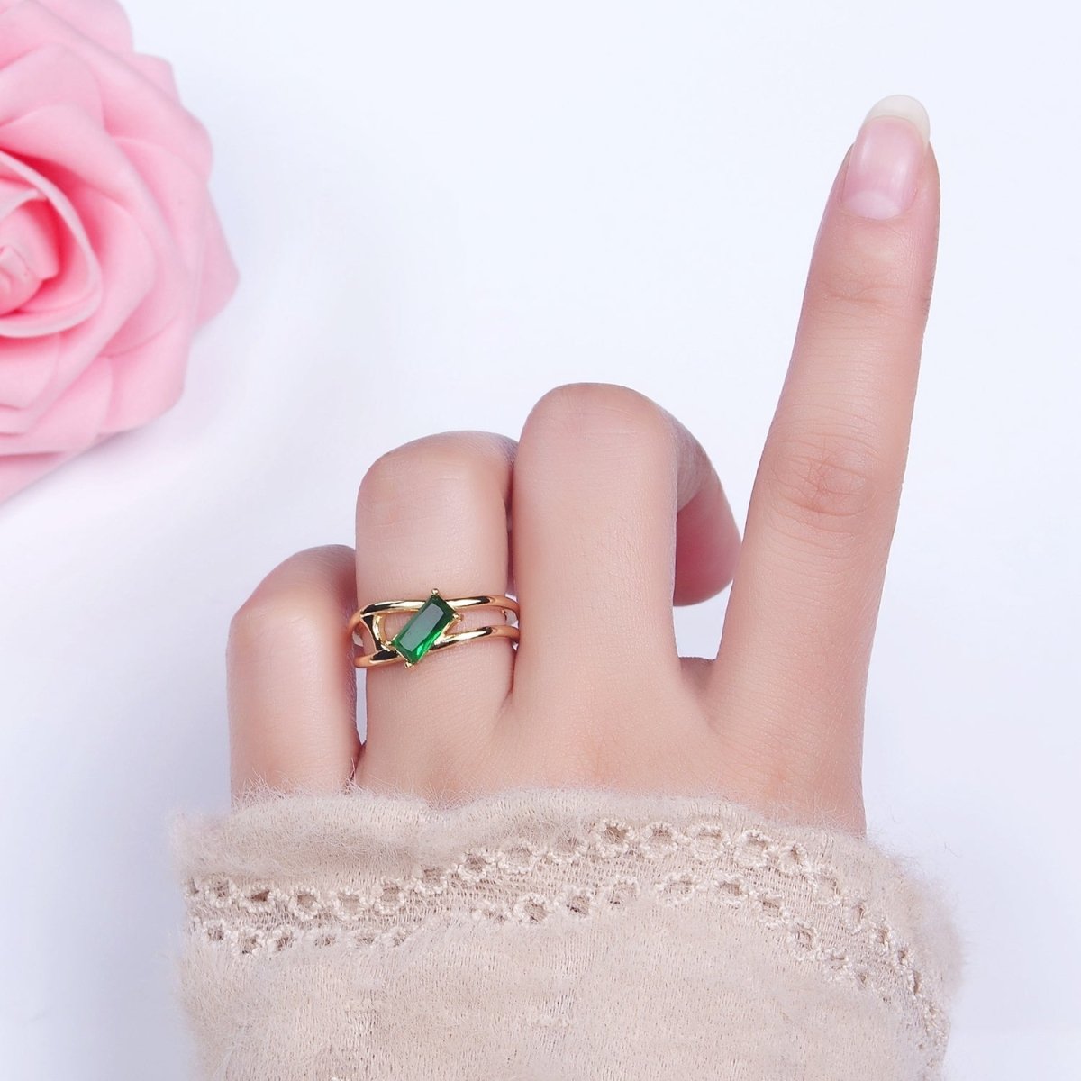 16K Gold Filled Clear, Green Baguette Molten Double Band Ring in Gold & Silver | O-1621 O-1622 O-1623 O-1624