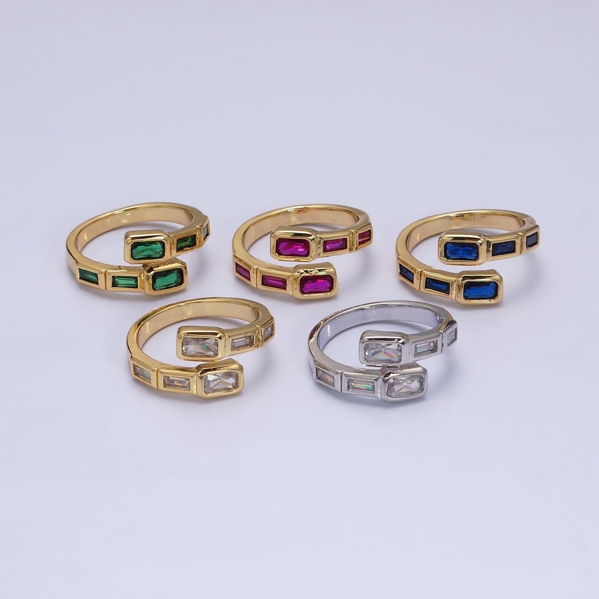 16K Gold Filled Clear, Green, Blue, Fuchsia Baguette Lined Open Ring | O-549 ~ O-553