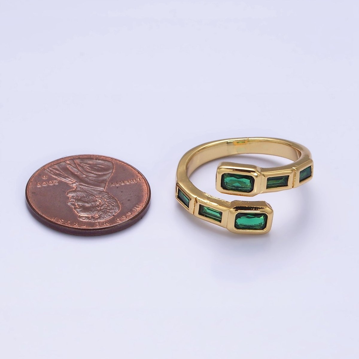 16K Gold Filled Clear, Green, Blue, Fuchsia Baguette Lined Open Ring | O-549 ~ O-553