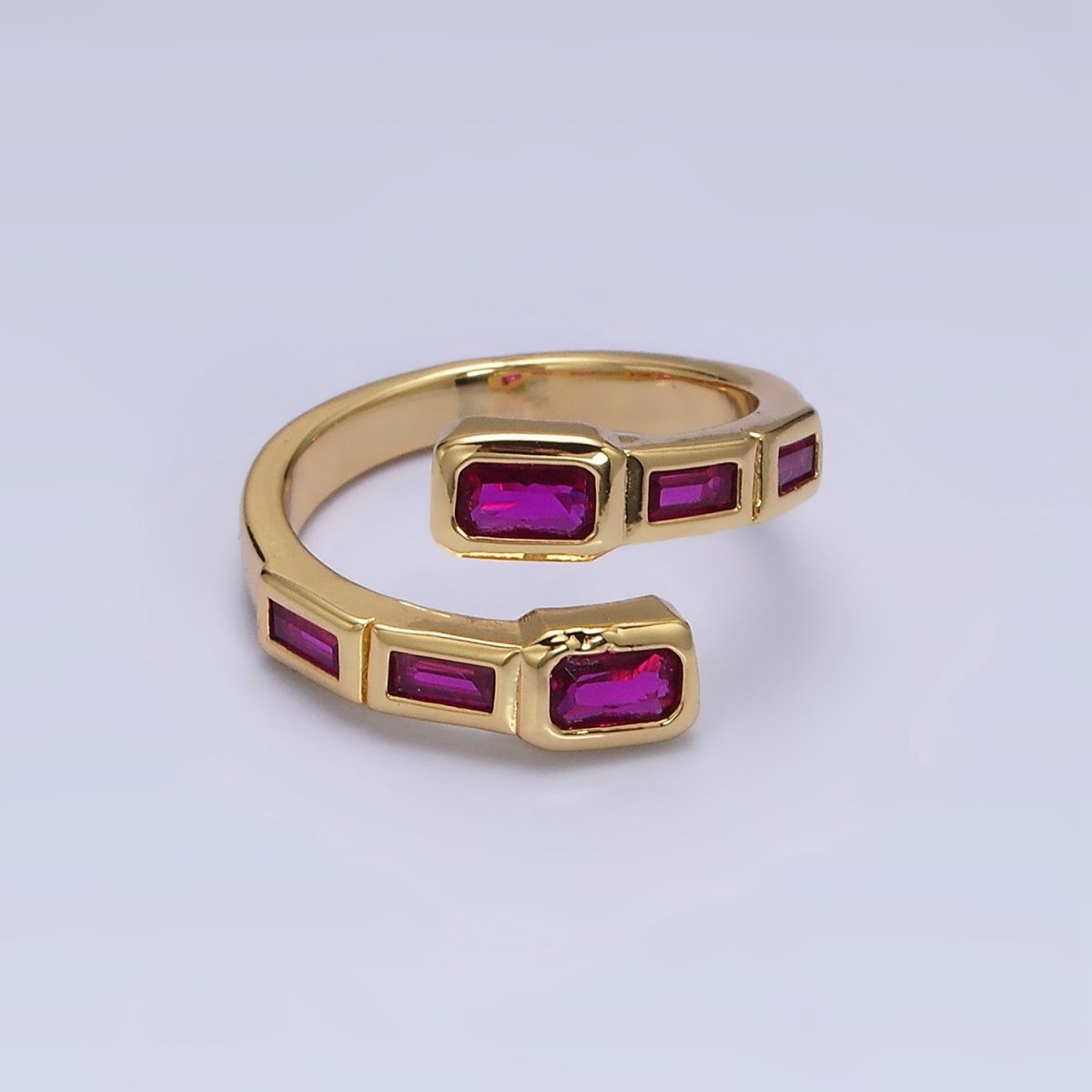 16K Gold Filled Clear, Green, Blue, Fuchsia Baguette Lined Open Ring | O-549 ~ O-553