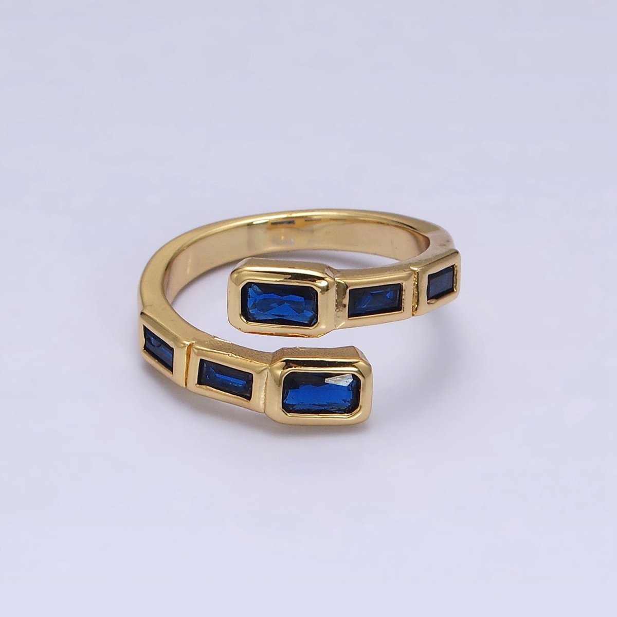 16K Gold Filled Clear, Green, Blue, Fuchsia Baguette Lined Open Ring | O-549 ~ O-553