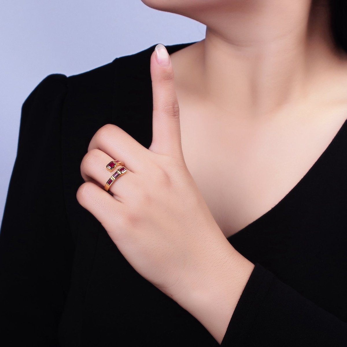 16K Gold Filled Clear, Green, Blue, Fuchsia Baguette Lined Open Ring | O-549 ~ O-553