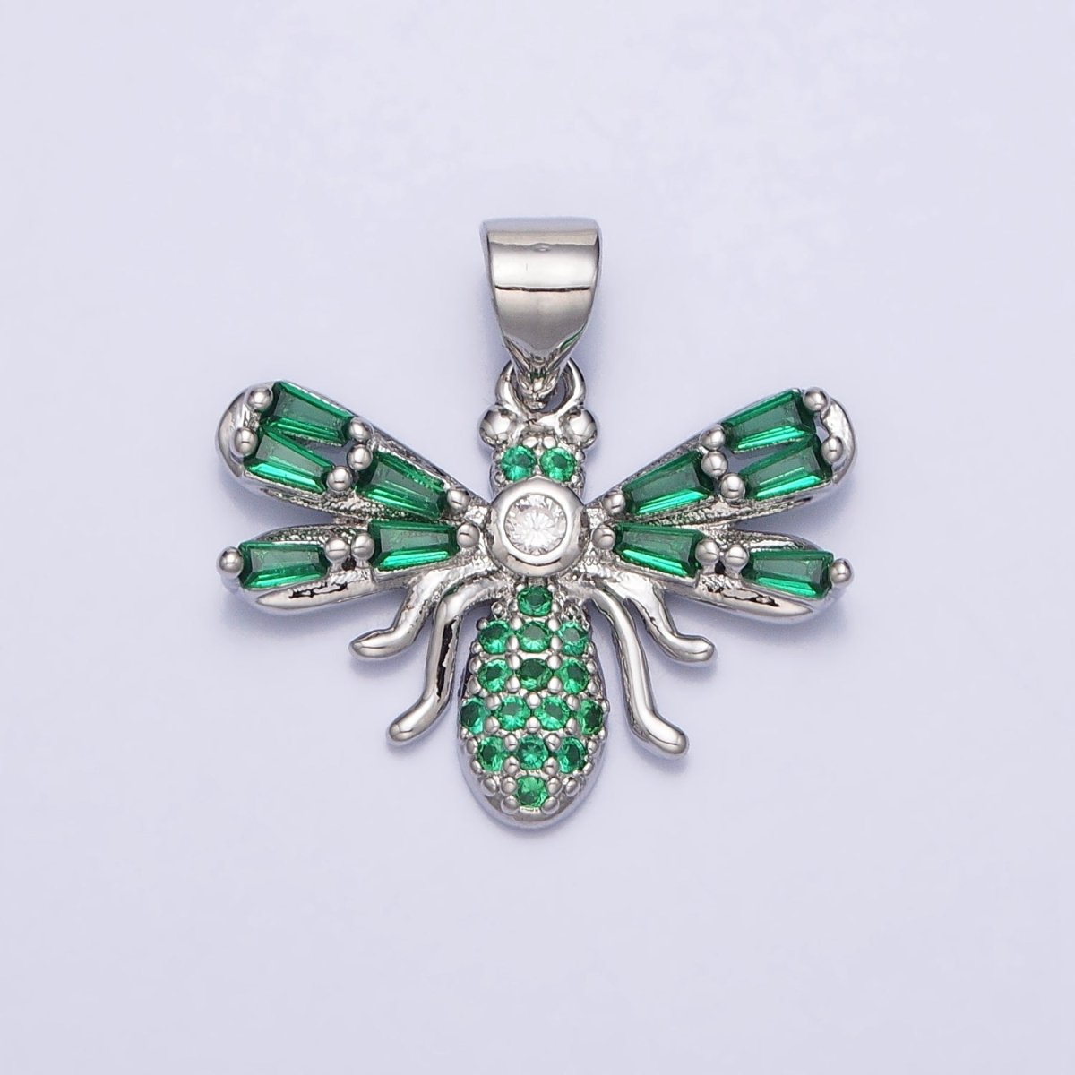 16K Gold Filled Clear, Green Micro Paved CZ Baguette Insect Fly Pendant in Gold & Silver | AA382 - AA385