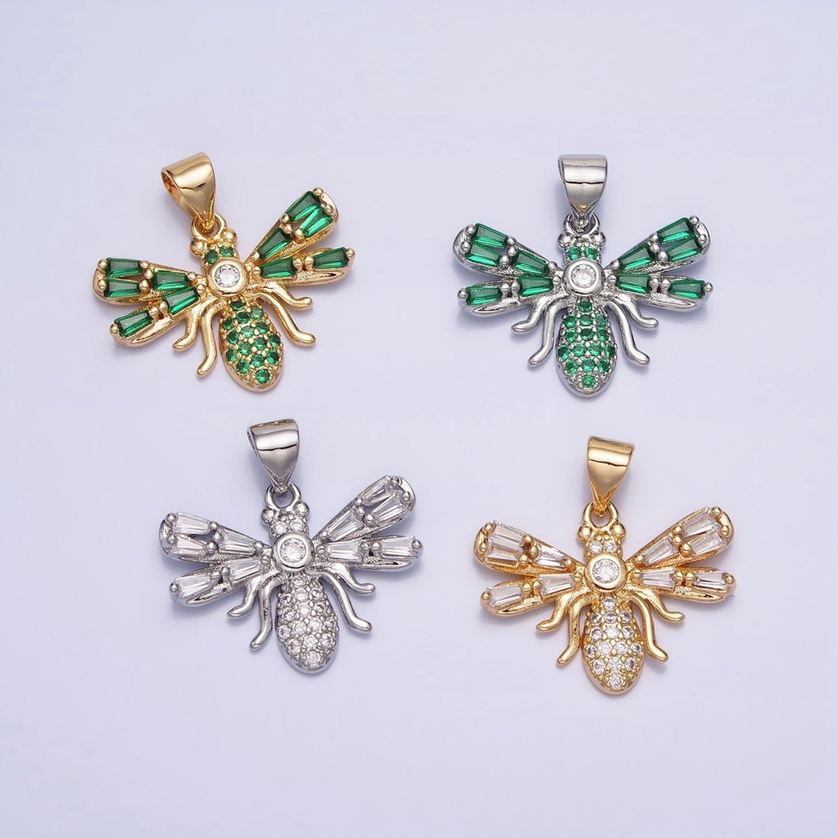 16K Gold Filled Clear, Green Micro Paved CZ Baguette Insect Fly Pendant in Gold & Silver | AA382 - AA385