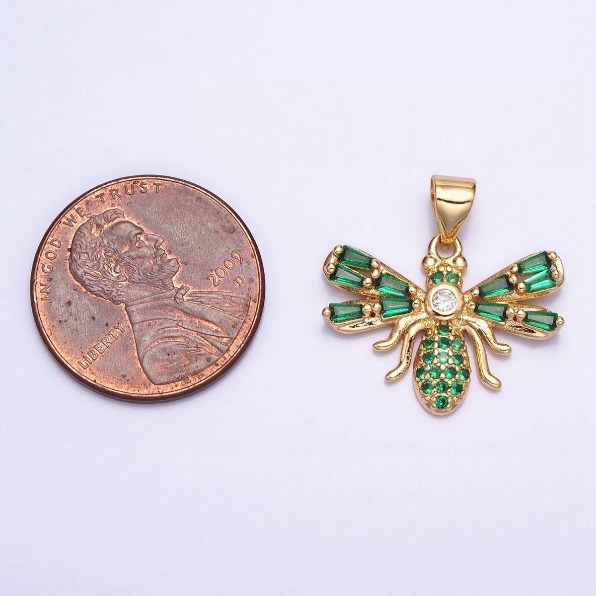 16K Gold Filled Clear, Green Micro Paved CZ Baguette Insect Fly Pendant in Gold & Silver | AA382 - AA385