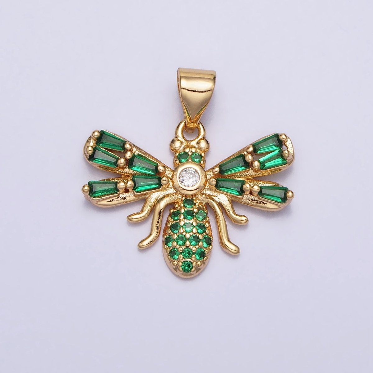 16K Gold Filled Clear, Green Micro Paved CZ Baguette Insect Fly Pendant in Gold & Silver | AA382 - AA385
