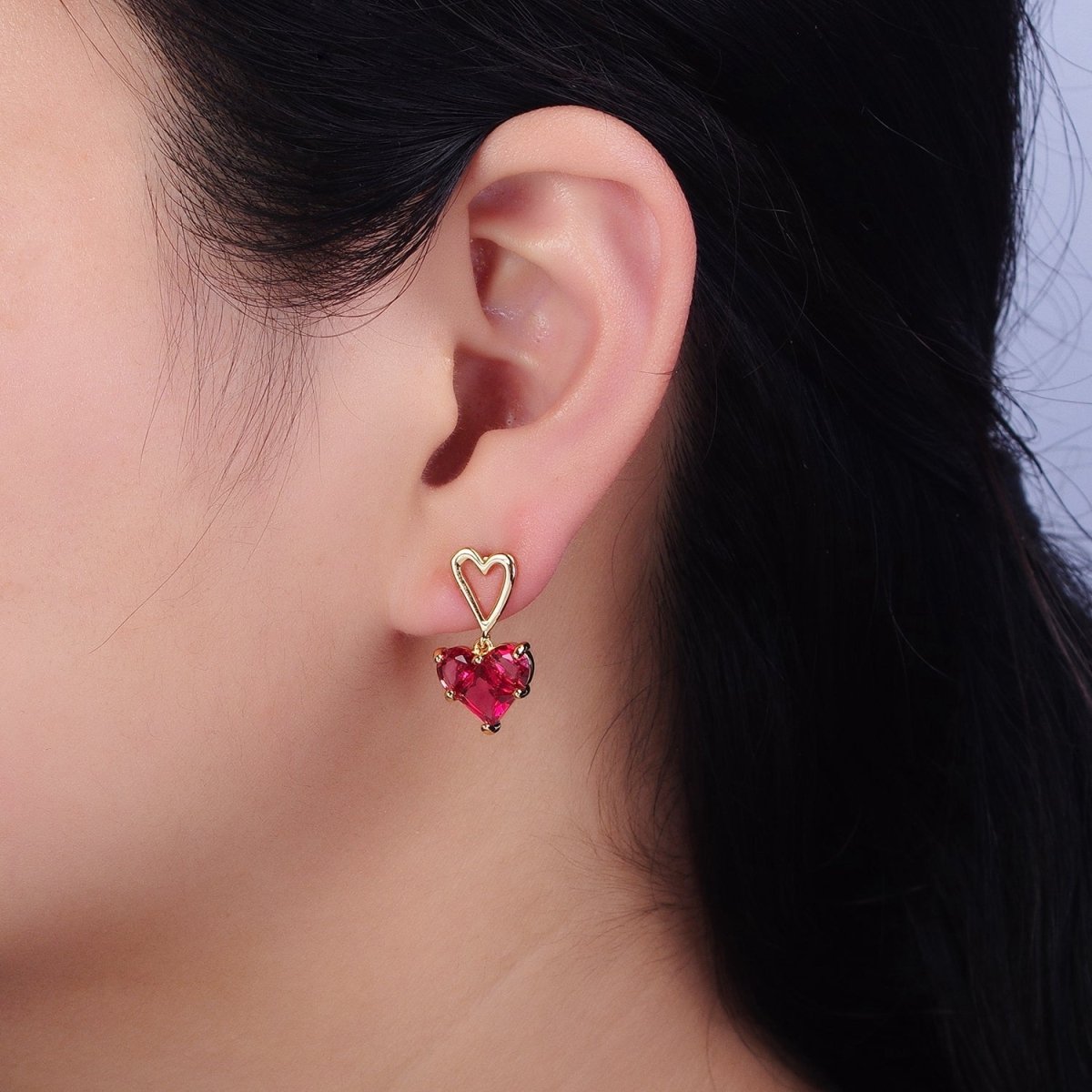 16K Gold Filled Clear, Green, Pink, Blue, Purple, Red CZ Pixel Heart Drop Stud Earrings in Gold & Silver | AD1492 - AD1503