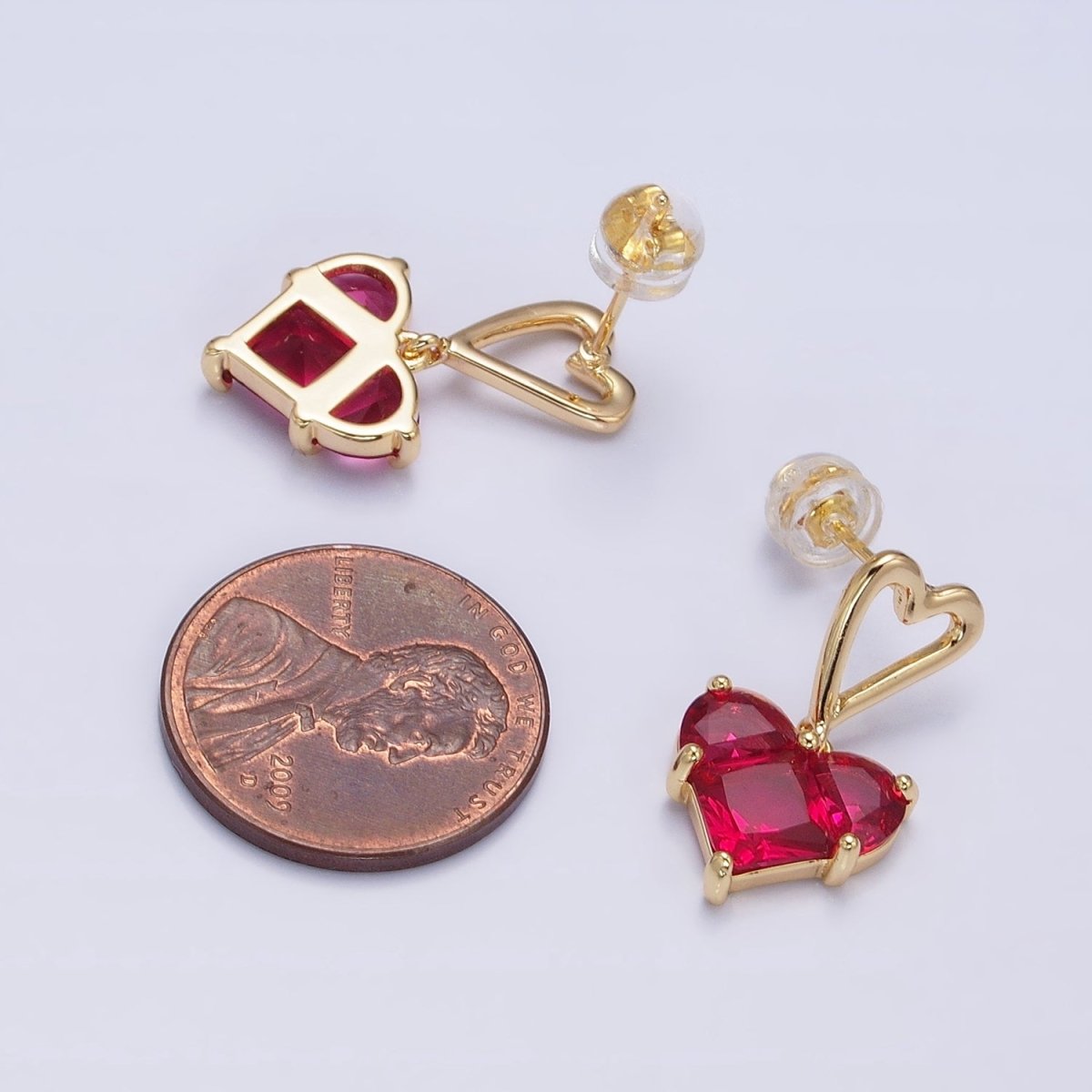 16K Gold Filled Clear, Green, Pink, Blue, Purple, Red CZ Pixel Heart Drop Stud Earrings in Gold & Silver | AD1492 - AD1503