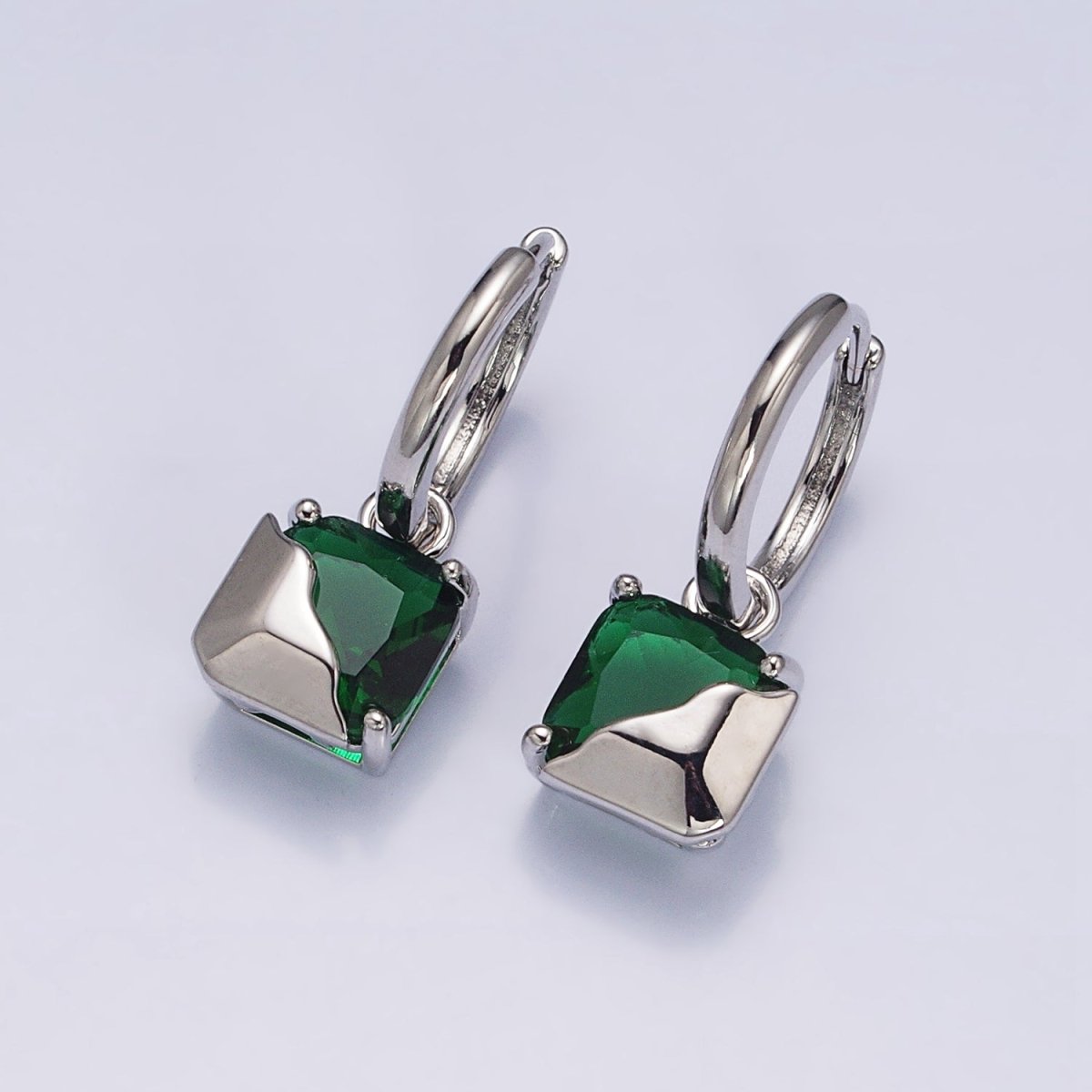 16K Gold Filled Clear, Green, Pink, Red, Blue, Purple CZ Square Molten Drop Huggie Earrings in Gold & Silver | AD1480 - AD1491