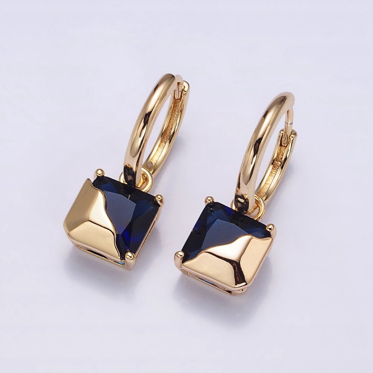 16K Gold Filled Clear, Green, Pink, Red, Blue, Purple CZ Square Molten Drop Huggie Earrings in Gold & Silver | AD1480 - AD1491