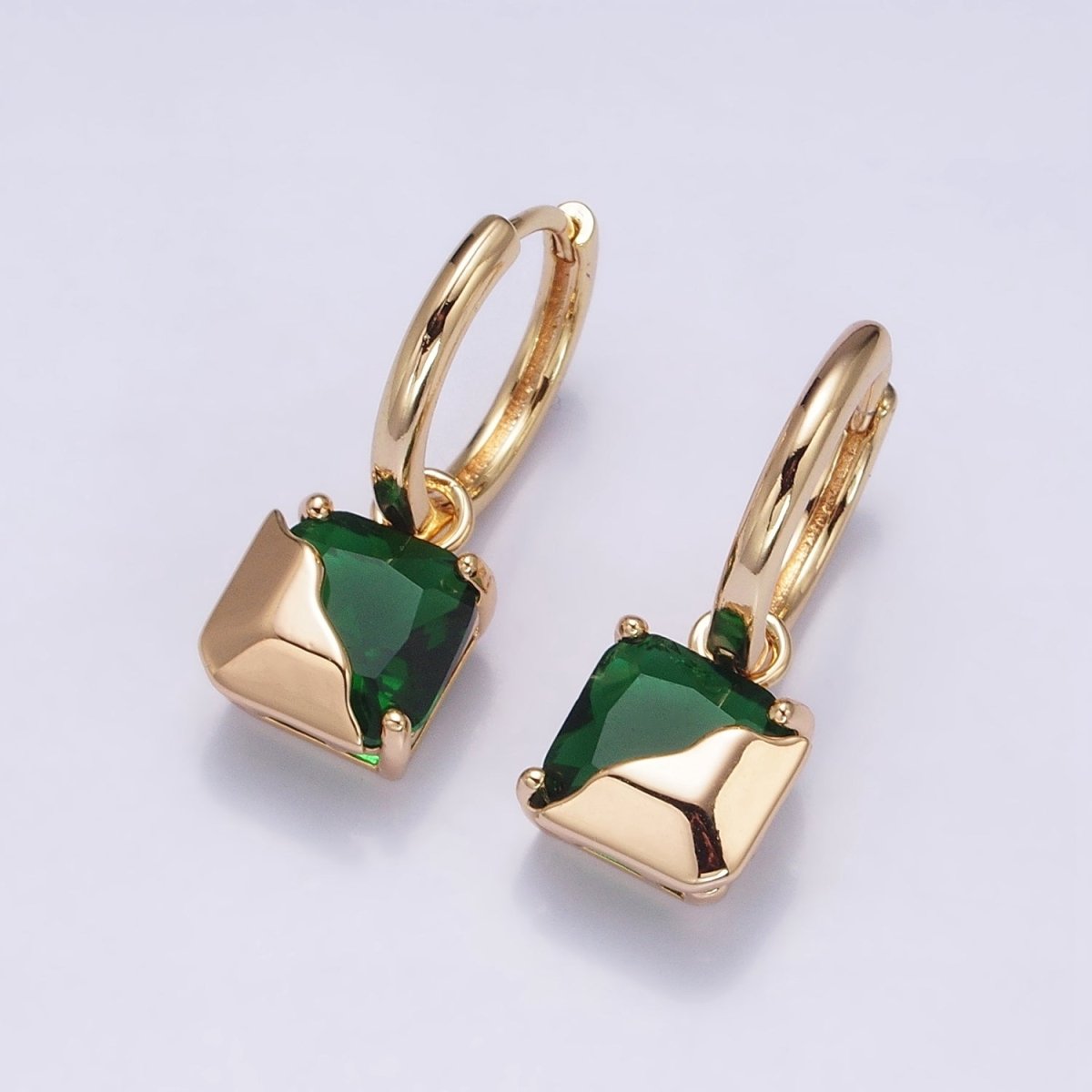 16K Gold Filled Clear, Green, Pink, Red, Blue, Purple CZ Square Molten Drop Huggie Earrings in Gold & Silver | AD1480 - AD1491