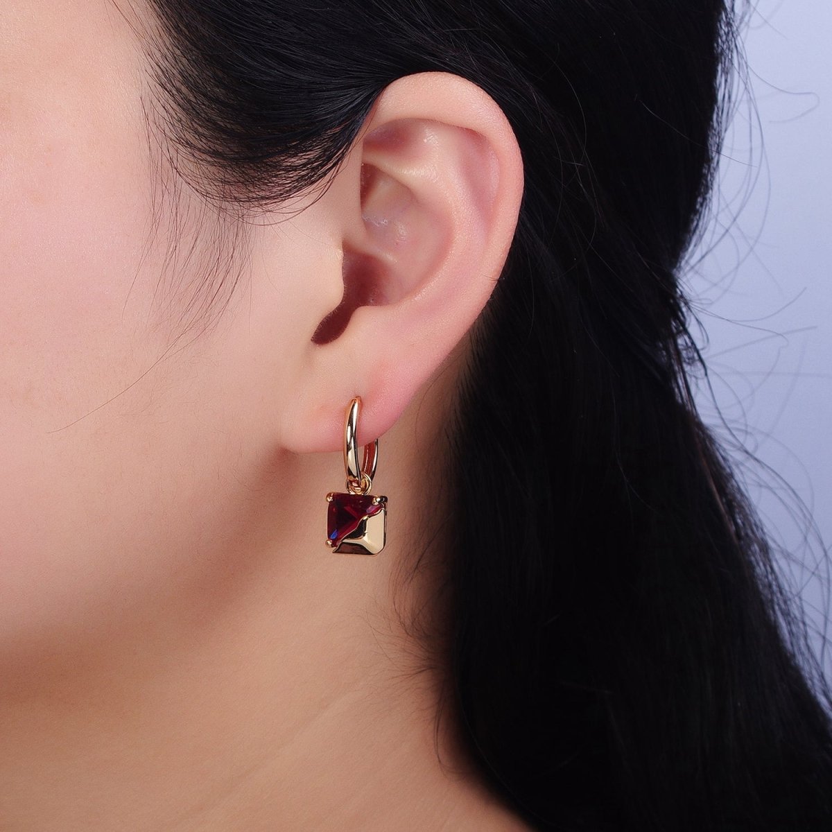 16K Gold Filled Clear, Green, Pink, Red, Blue, Purple CZ Square Molten Drop Huggie Earrings in Gold & Silver | AD1480 - AD1491