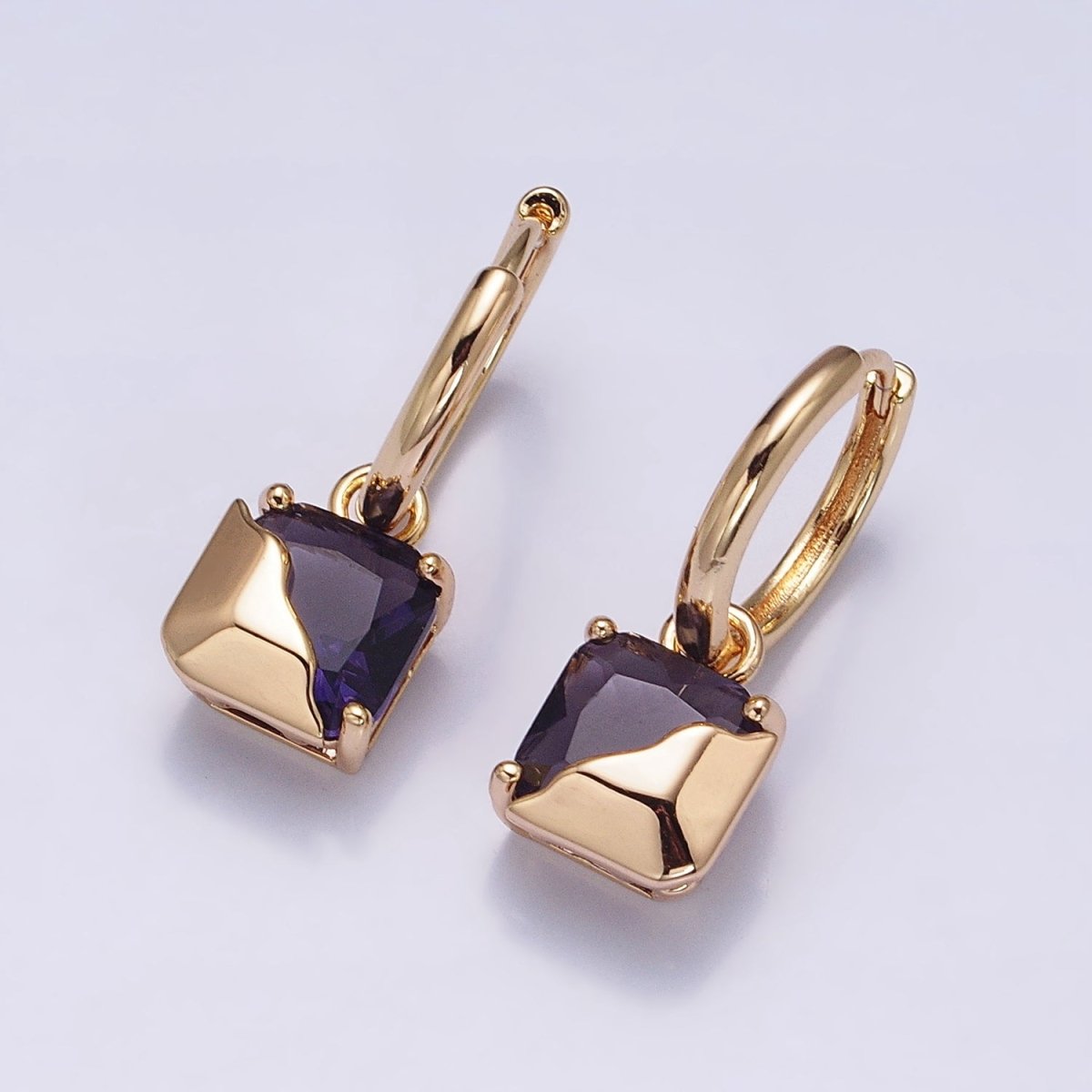 16K Gold Filled Clear, Green, Pink, Red, Blue, Purple CZ Square Molten Drop Huggie Earrings in Gold & Silver | AD1480 - AD1491