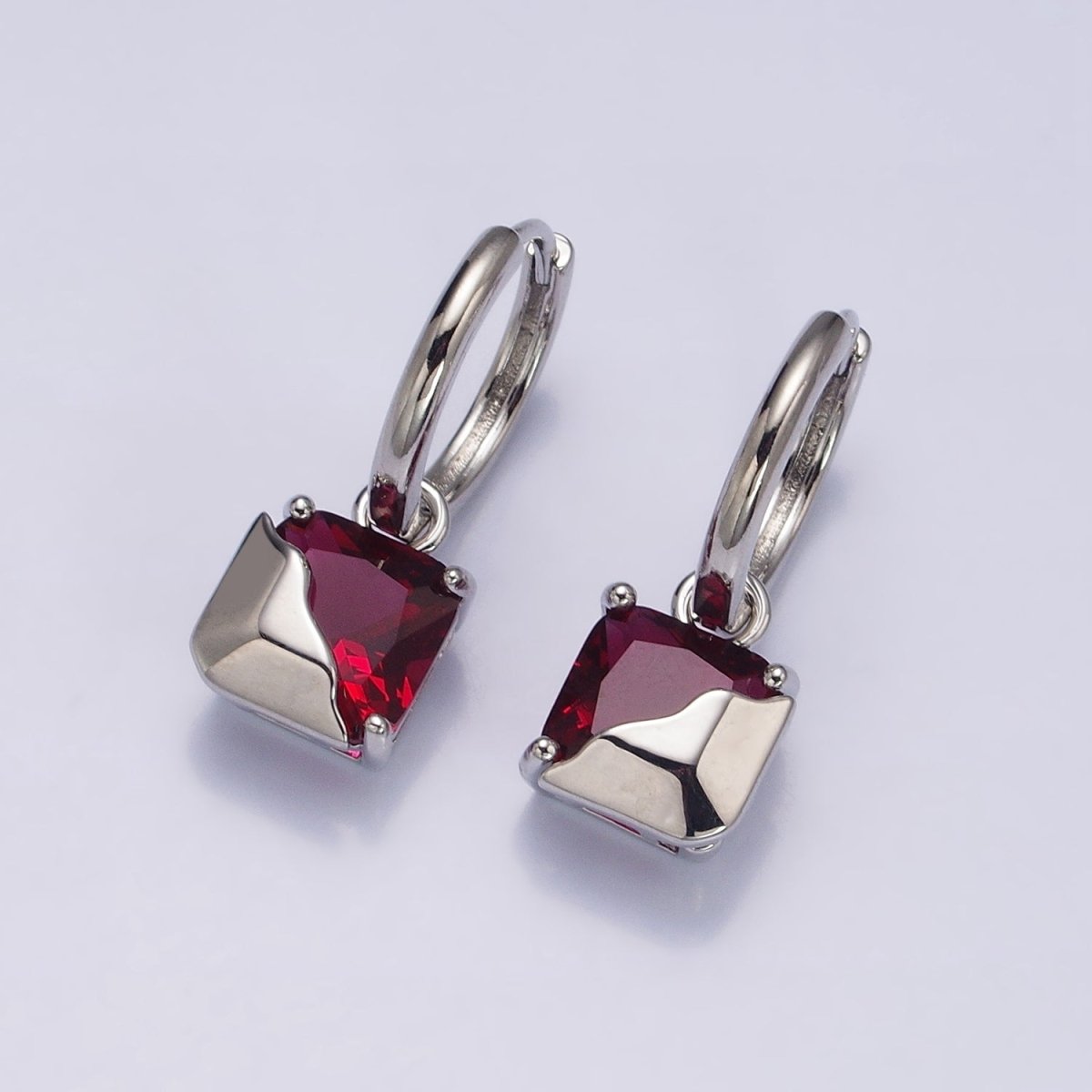 16K Gold Filled Clear, Green, Pink, Red, Blue, Purple CZ Square Molten Drop Huggie Earrings in Gold & Silver | AD1480 - AD1491