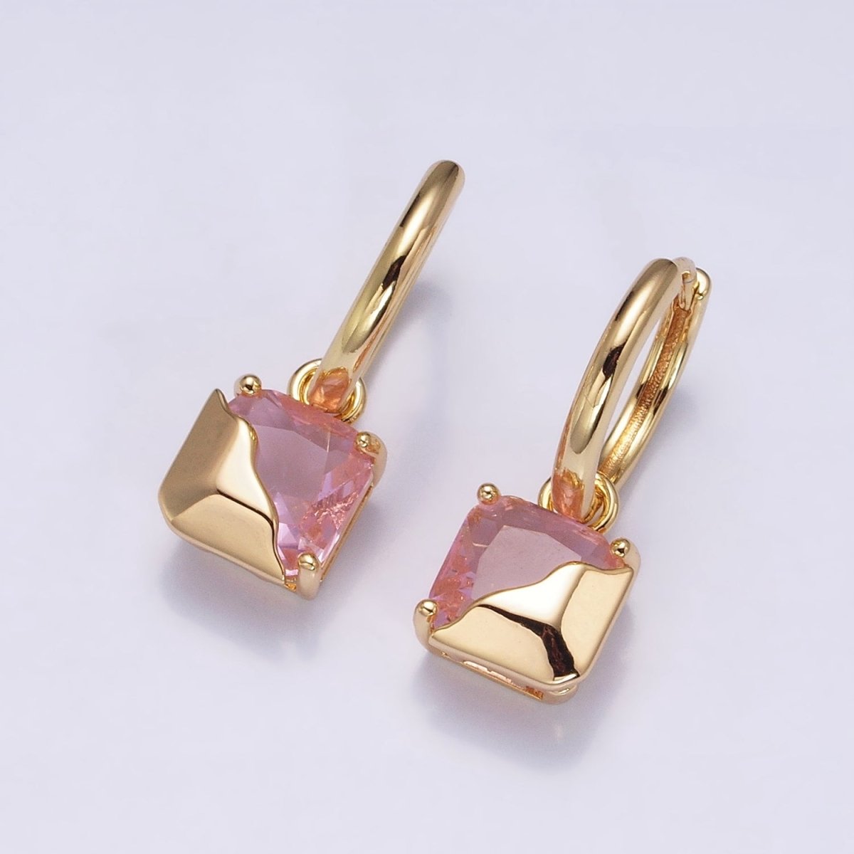 16K Gold Filled Clear, Green, Pink, Red, Blue, Purple CZ Square Molten Drop Huggie Earrings in Gold & Silver | AD1480 - AD1491