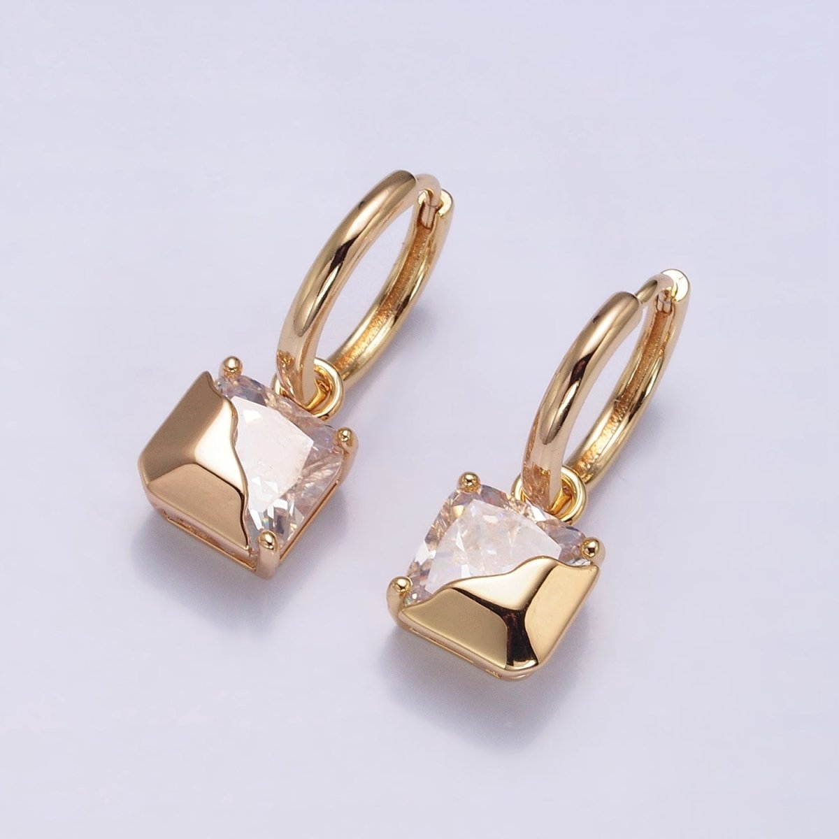 16K Gold Filled Clear, Green, Pink, Red, Blue, Purple CZ Square Molten Drop Huggie Earrings in Gold & Silver | AD1480 - AD1491