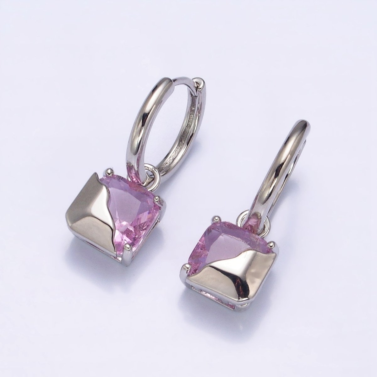 16K Gold Filled Clear, Green, Pink, Red, Blue, Purple CZ Square Molten Drop Huggie Earrings in Gold & Silver | AD1480 - AD1491