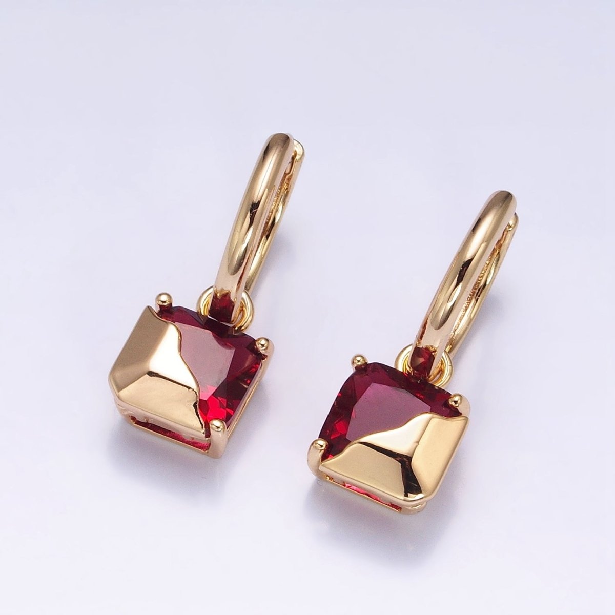 16K Gold Filled Clear, Green, Pink, Red, Blue, Purple CZ Square Molten Drop Huggie Earrings in Gold & Silver | AD1480 - AD1491