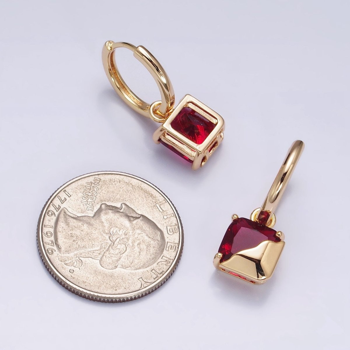 16K Gold Filled Clear, Green, Pink, Red, Blue, Purple CZ Square Molten Drop Huggie Earrings in Gold & Silver | AD1480 - AD1491