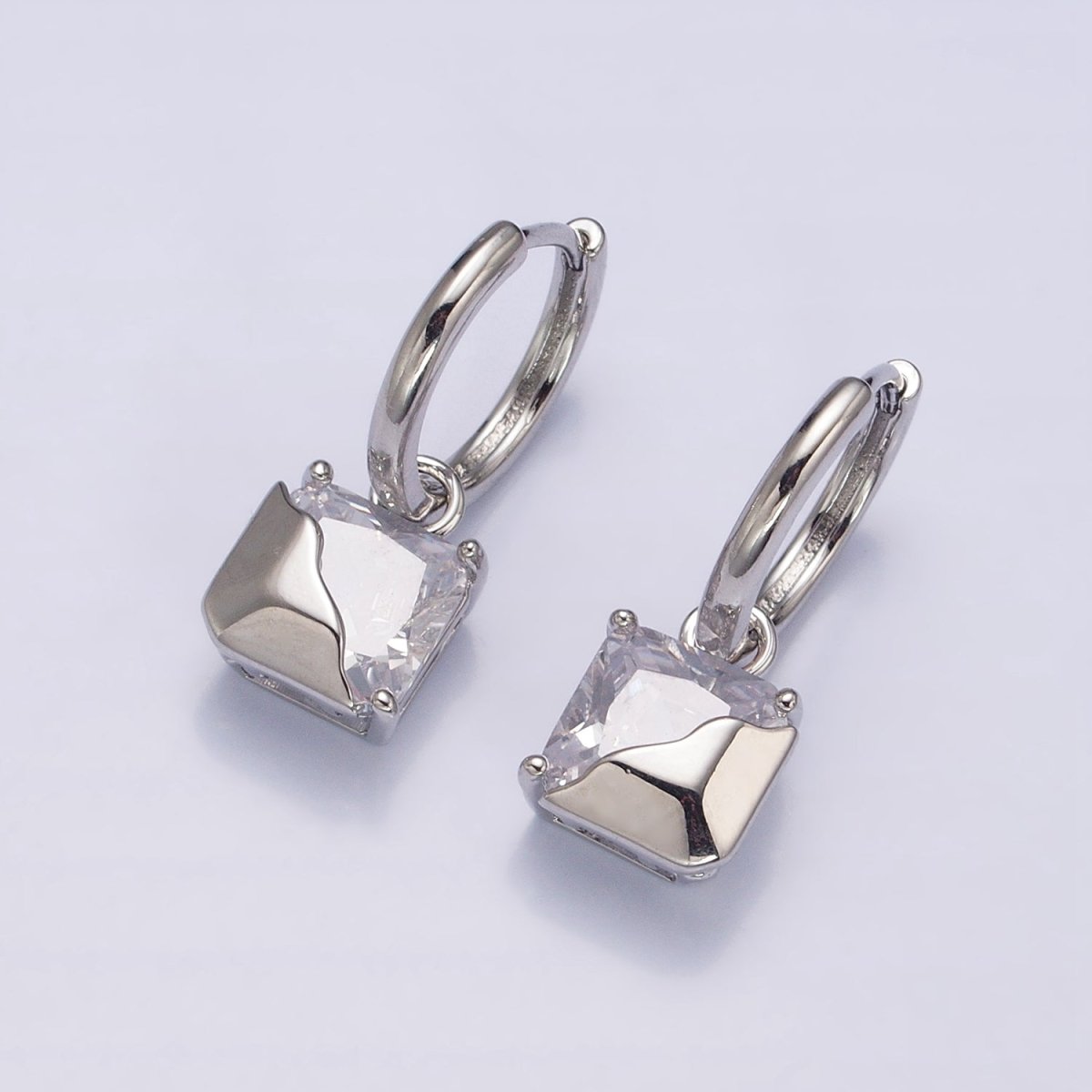 16K Gold Filled Clear, Green, Pink, Red, Blue, Purple CZ Square Molten Drop Huggie Earrings in Gold & Silver | AD1480 - AD1491