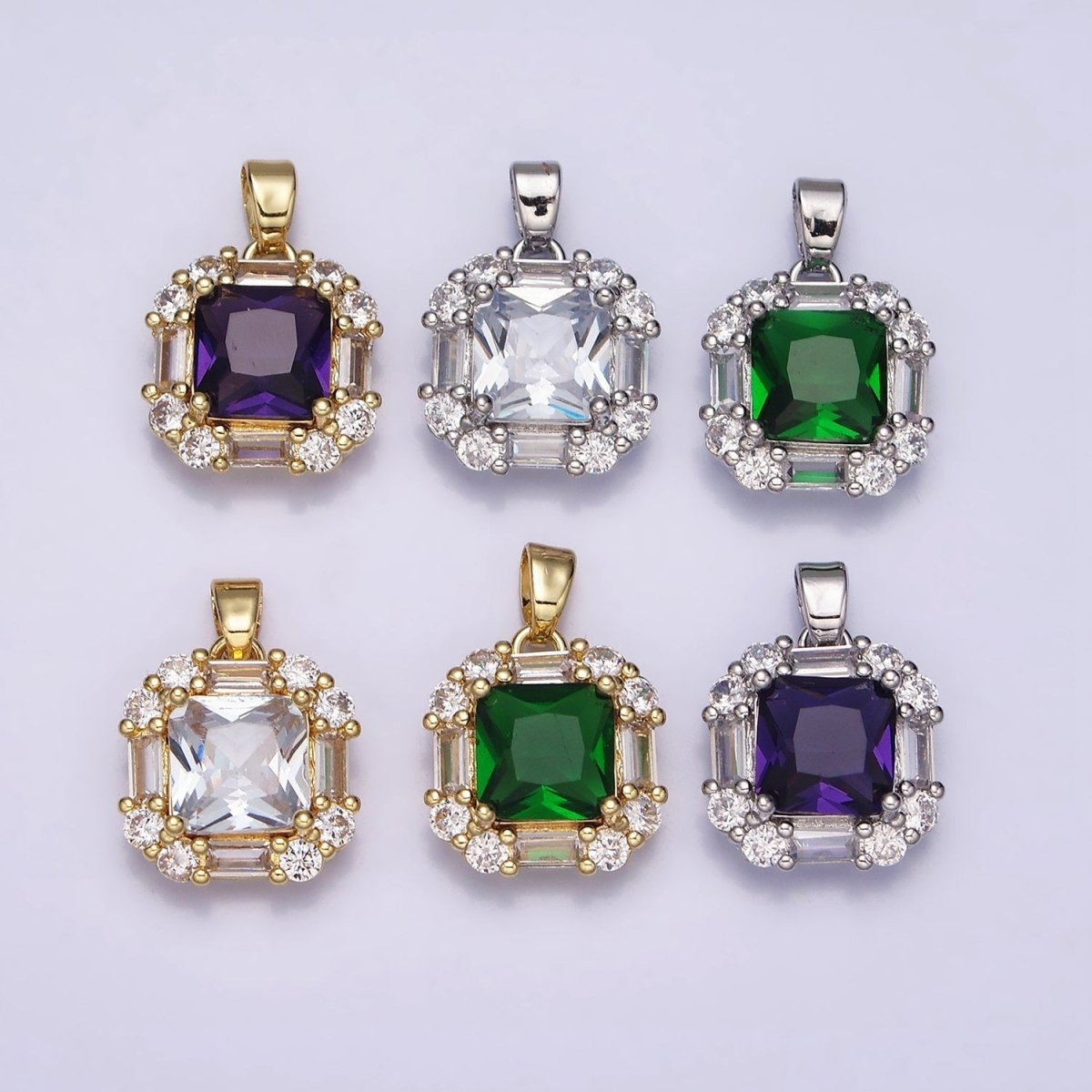 16K Gold Filled Clear, Green, Purple CZ Square Baguette Pendant in Gold & Silver | AA487 - AA492