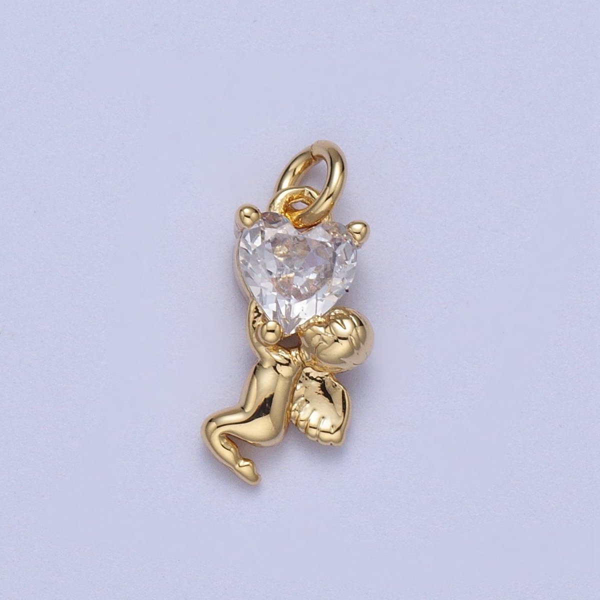 16K Gold Filled Clear Heart CZ Cherub Baby Angel Charm | C-883 - DLUXCA
