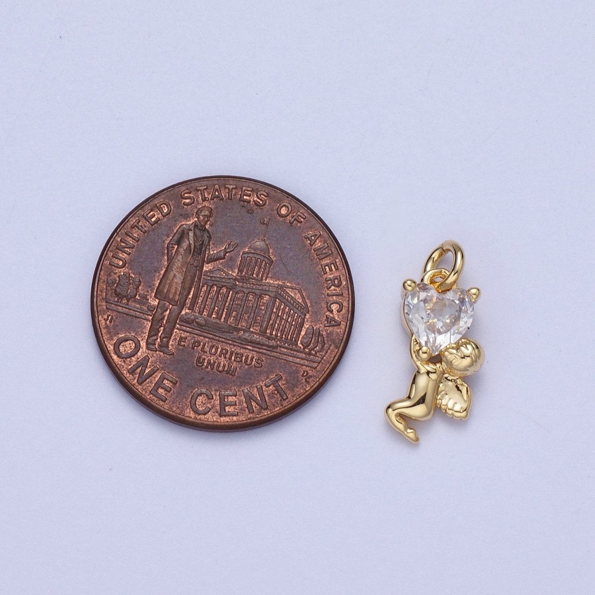 16K Gold Filled Clear Heart CZ Cherub Baby Angel Charm | C-883 - DLUXCA