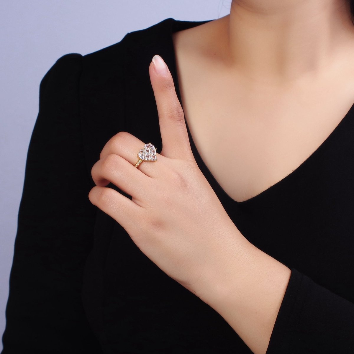 16K Gold Filled Clear Heart CZ Micro Paved Adjustable Ring in Gold & Silver | O-1597 O-1598