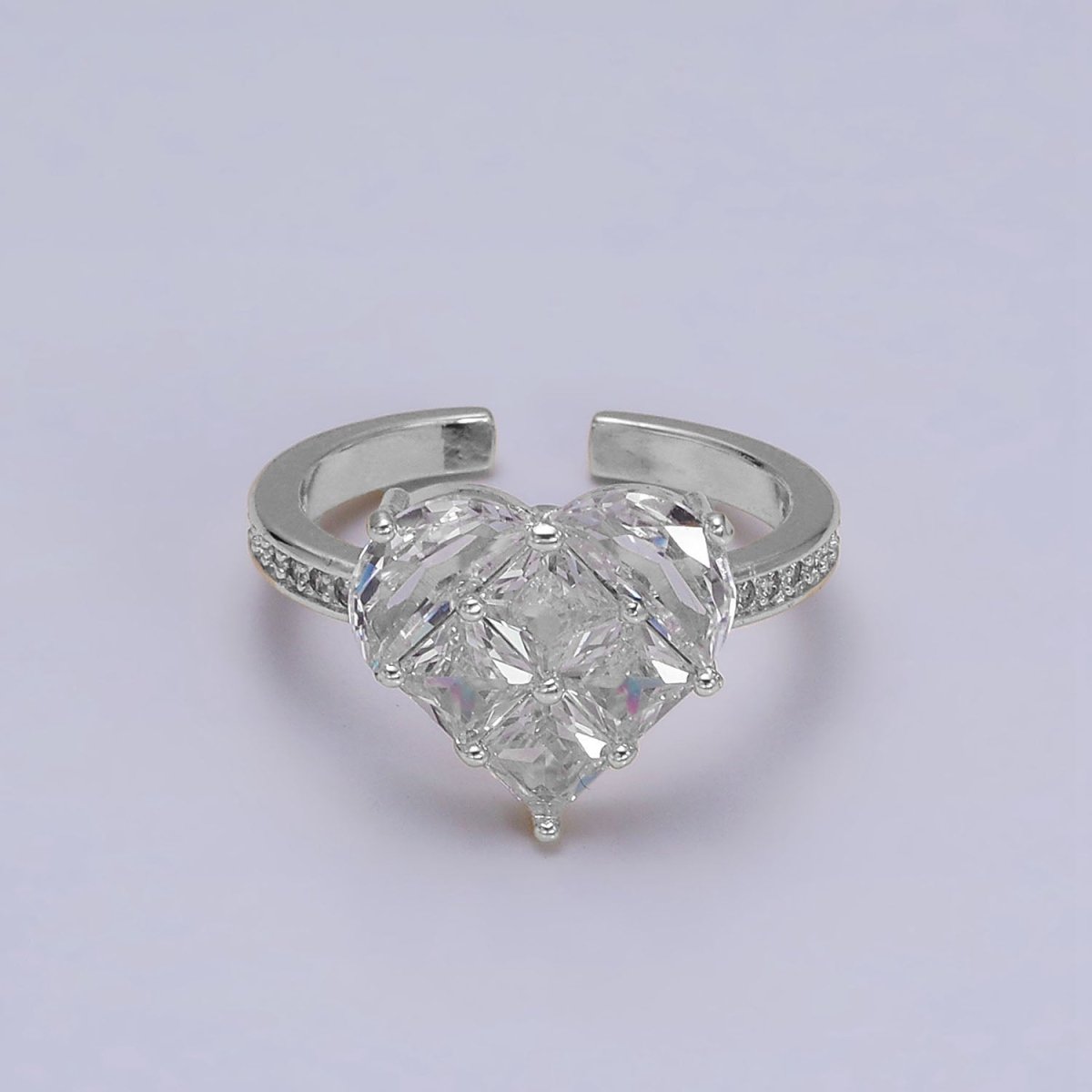 16K Gold Filled Clear Heart CZ Micro Paved Adjustable Ring in Gold & Silver | O-1597 O-1598