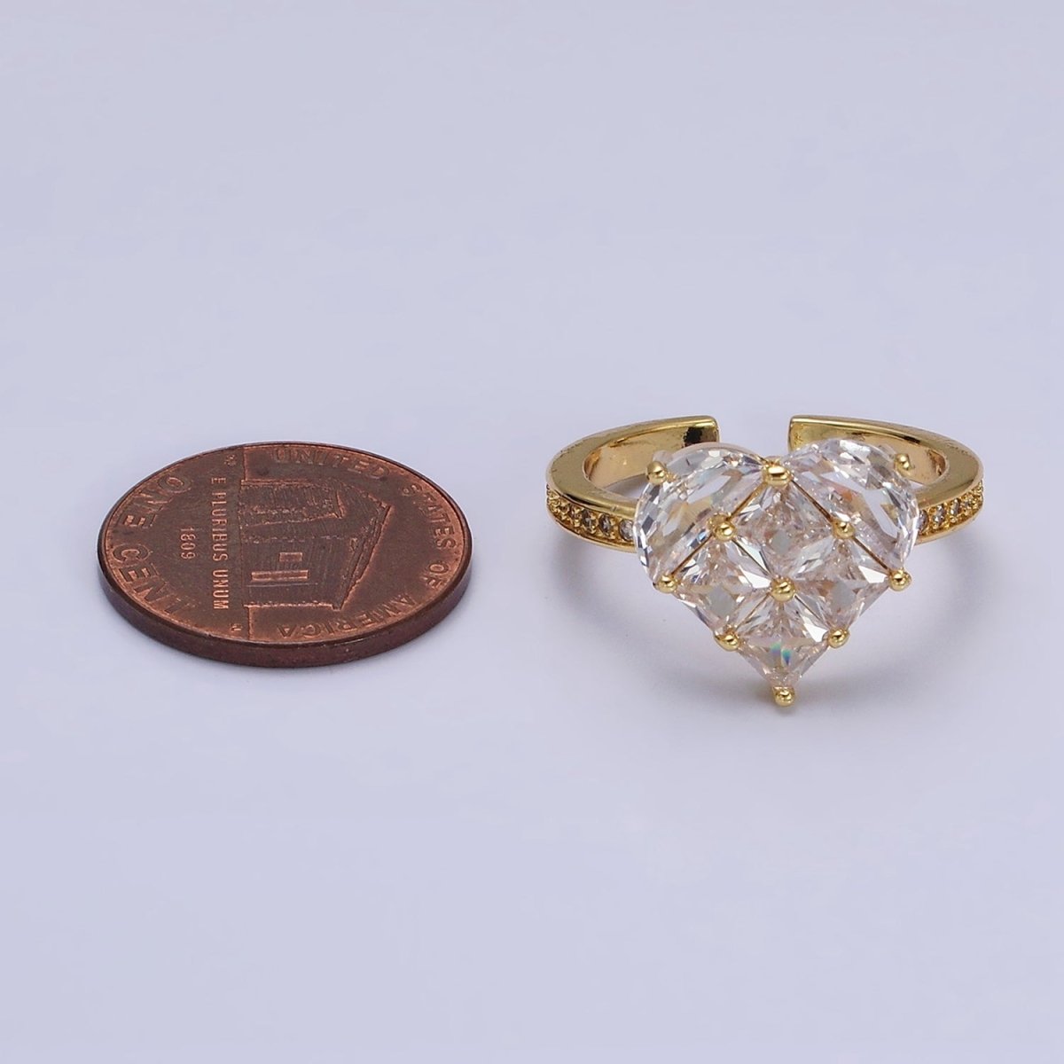 16K Gold Filled Clear Heart CZ Micro Paved Adjustable Ring in Gold & Silver | O-1597 O-1598
