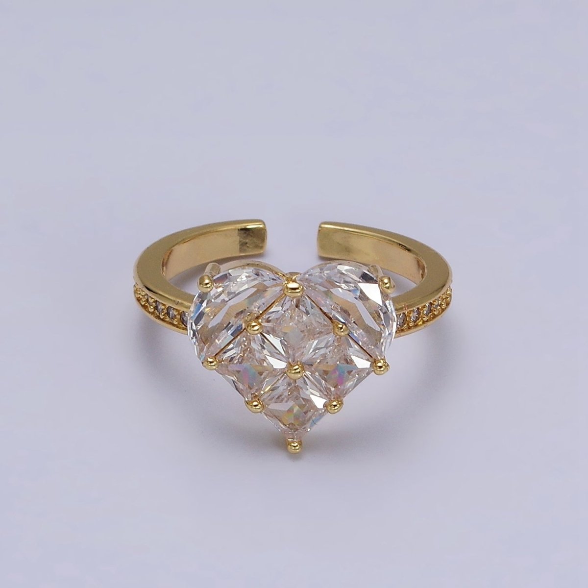 16K Gold Filled Clear Heart CZ Micro Paved Adjustable Ring in Gold & Silver | O-1597 O-1598