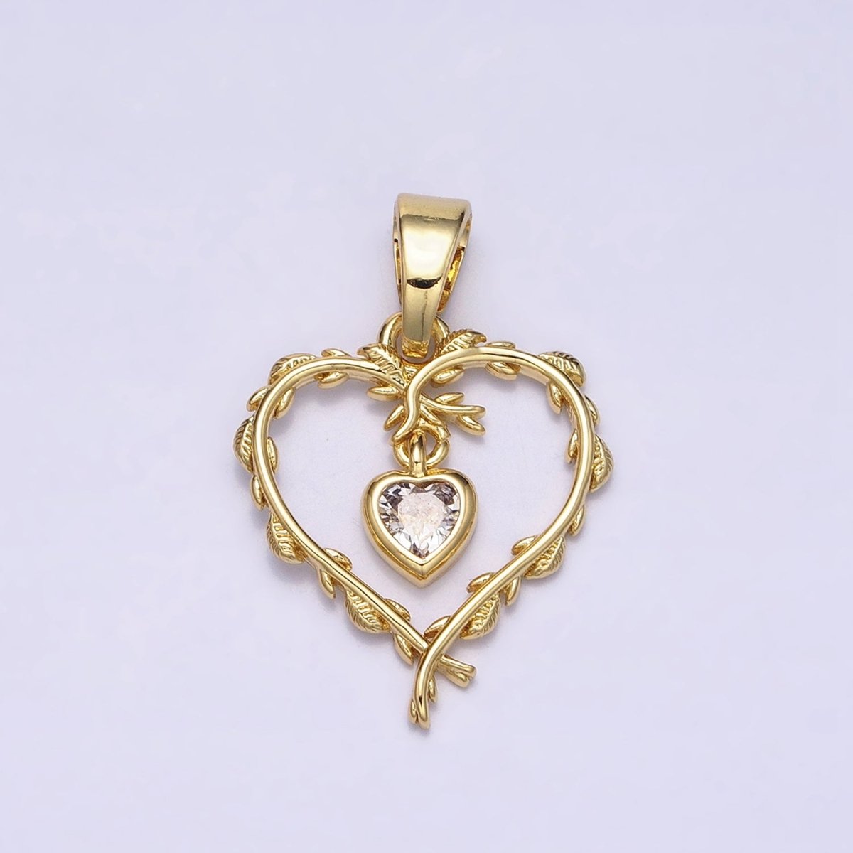 16K Gold Filled Clear Heart CZ Olive Vine Leaf Open Pendant | AC1326 - DLUXCA