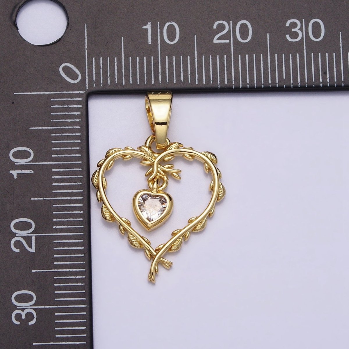16K Gold Filled Clear Heart CZ Olive Vine Leaf Open Pendant | AC1326 - DLUXCA