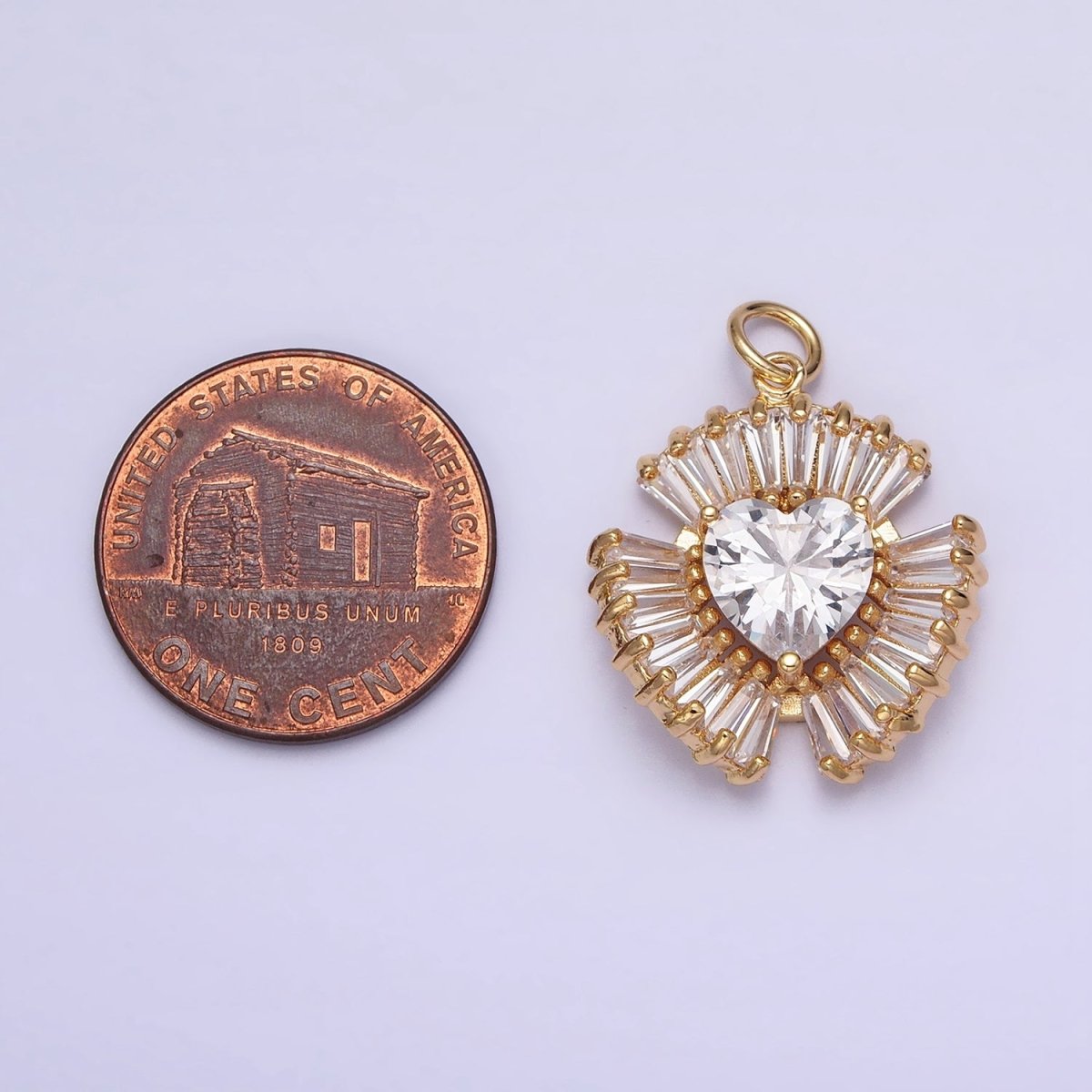 16K Gold Filled Clear Heart CZ Triple Baguette Lined Charm in Gold & Silver | AC-1205 AC-1206