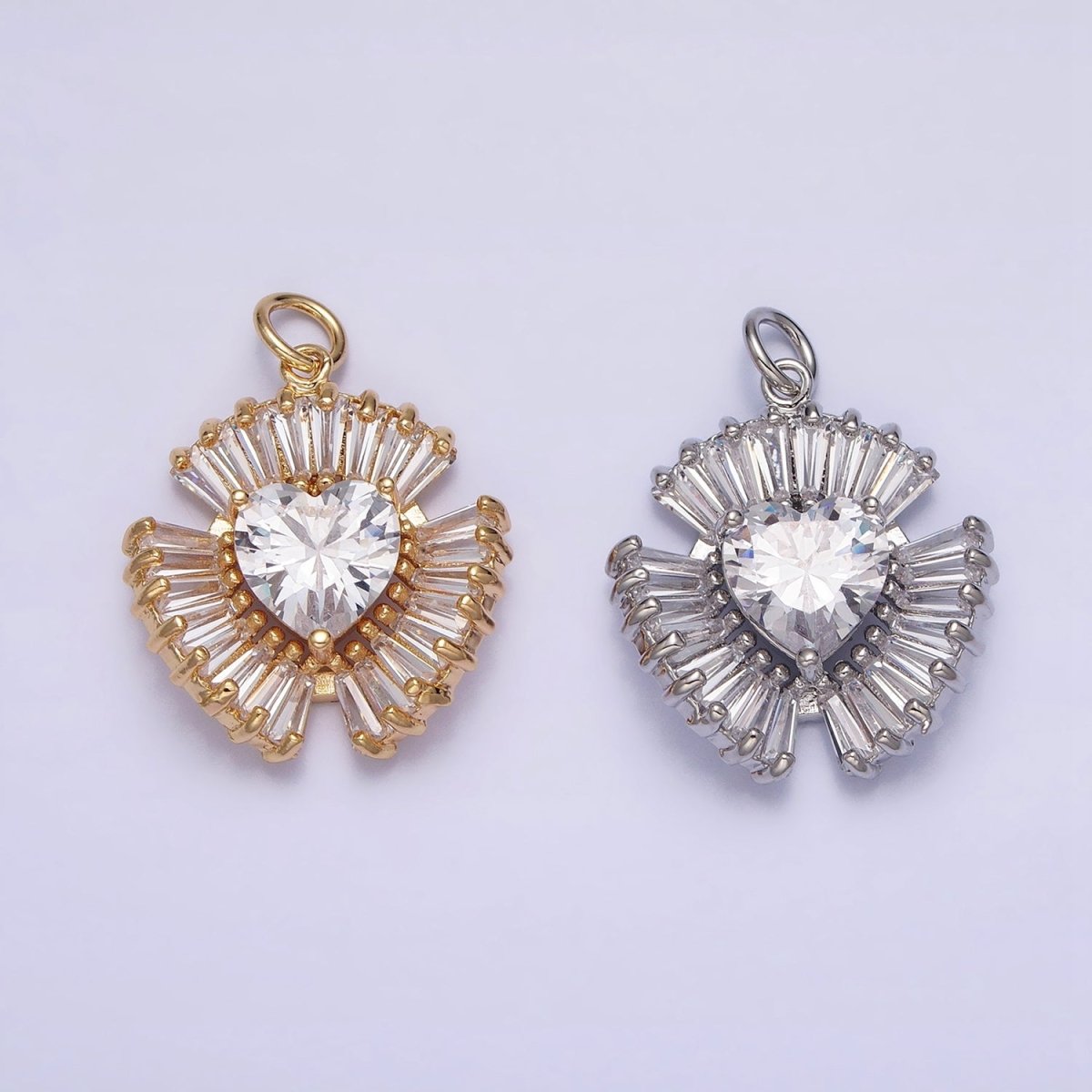 16K Gold Filled Clear Heart CZ Triple Baguette Lined Charm in Gold & Silver | AC-1205 AC-1206