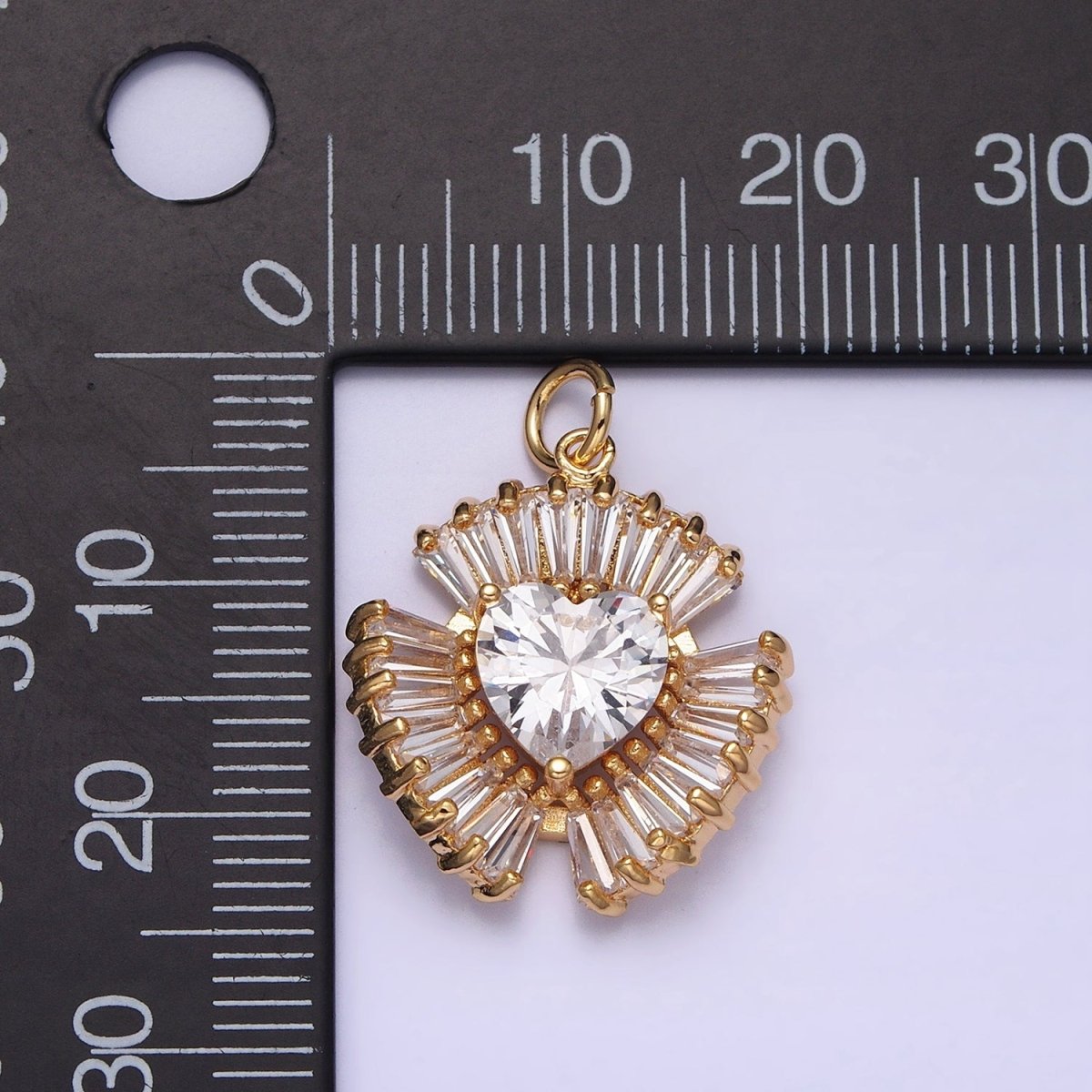 16K Gold Filled Clear Heart CZ Triple Baguette Lined Charm in Gold & Silver | AC-1205 AC-1206