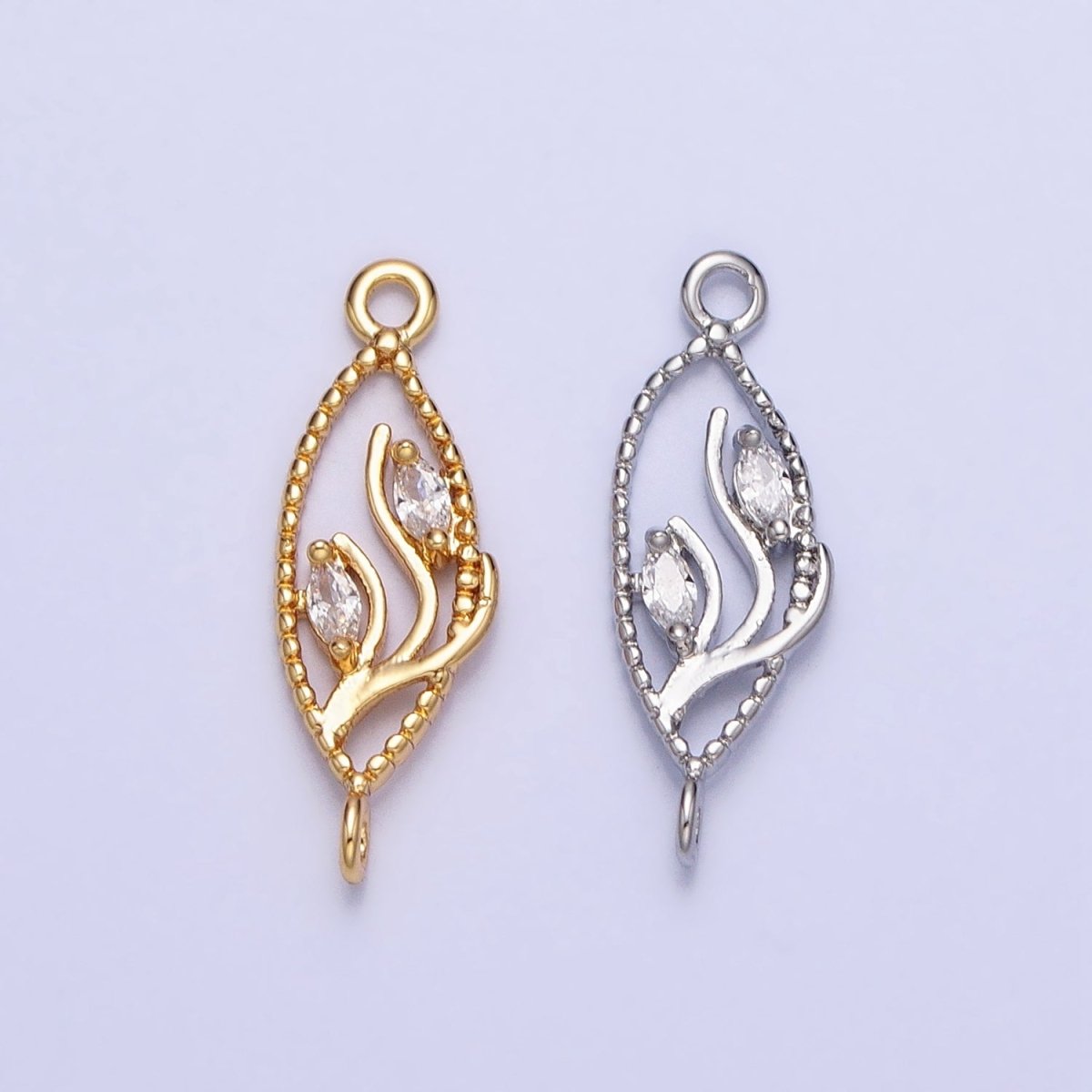 16K Gold Filled Clear Marquise CZ Leaf Beaded Open Sphere Connector in Gold & Silver | Y-867