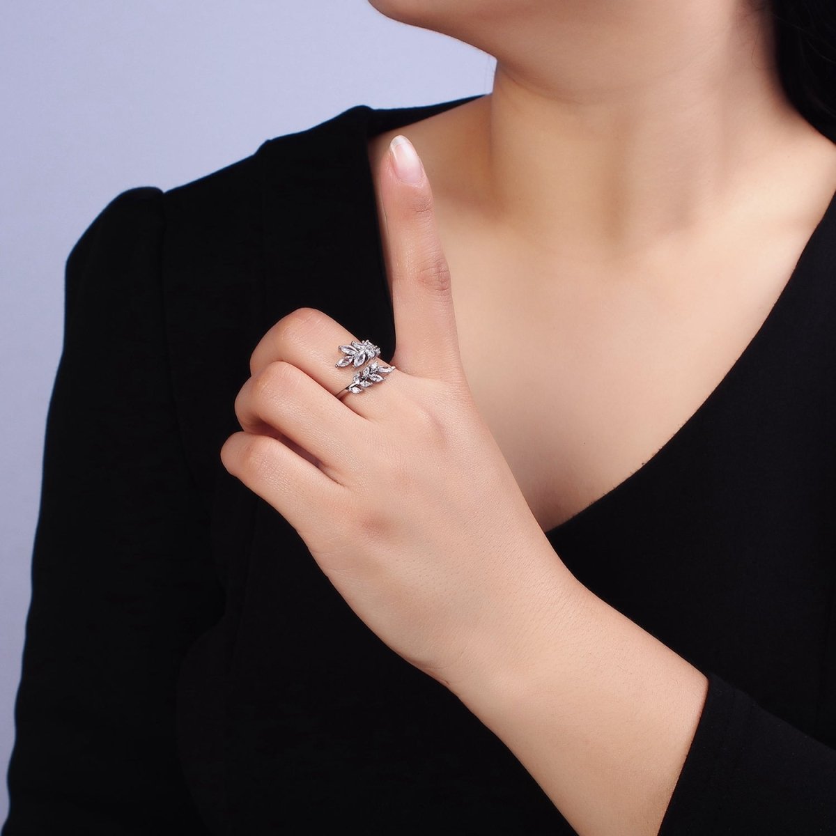 16K Gold Filled Clear Marquise CZ Leaf Nature Open Adjustable Ring in Gold & Silver | O-1577 O-1578