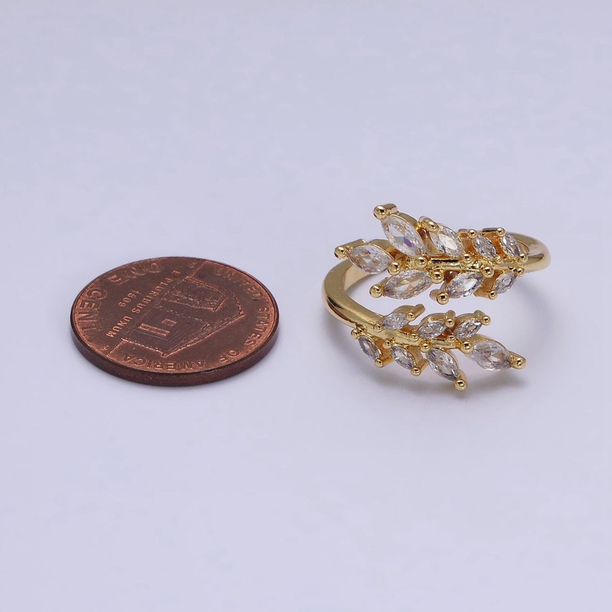 16K Gold Filled Clear Marquise CZ Leaf Nature Open Adjustable Ring in Gold & Silver | O-1577 O-1578